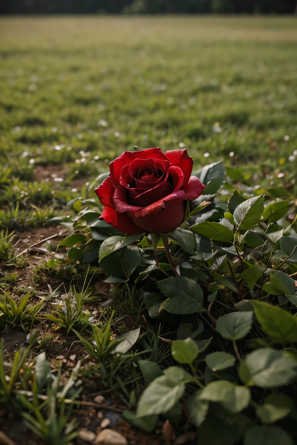 high res, best quality, 4k, a single rose in a bed of grass