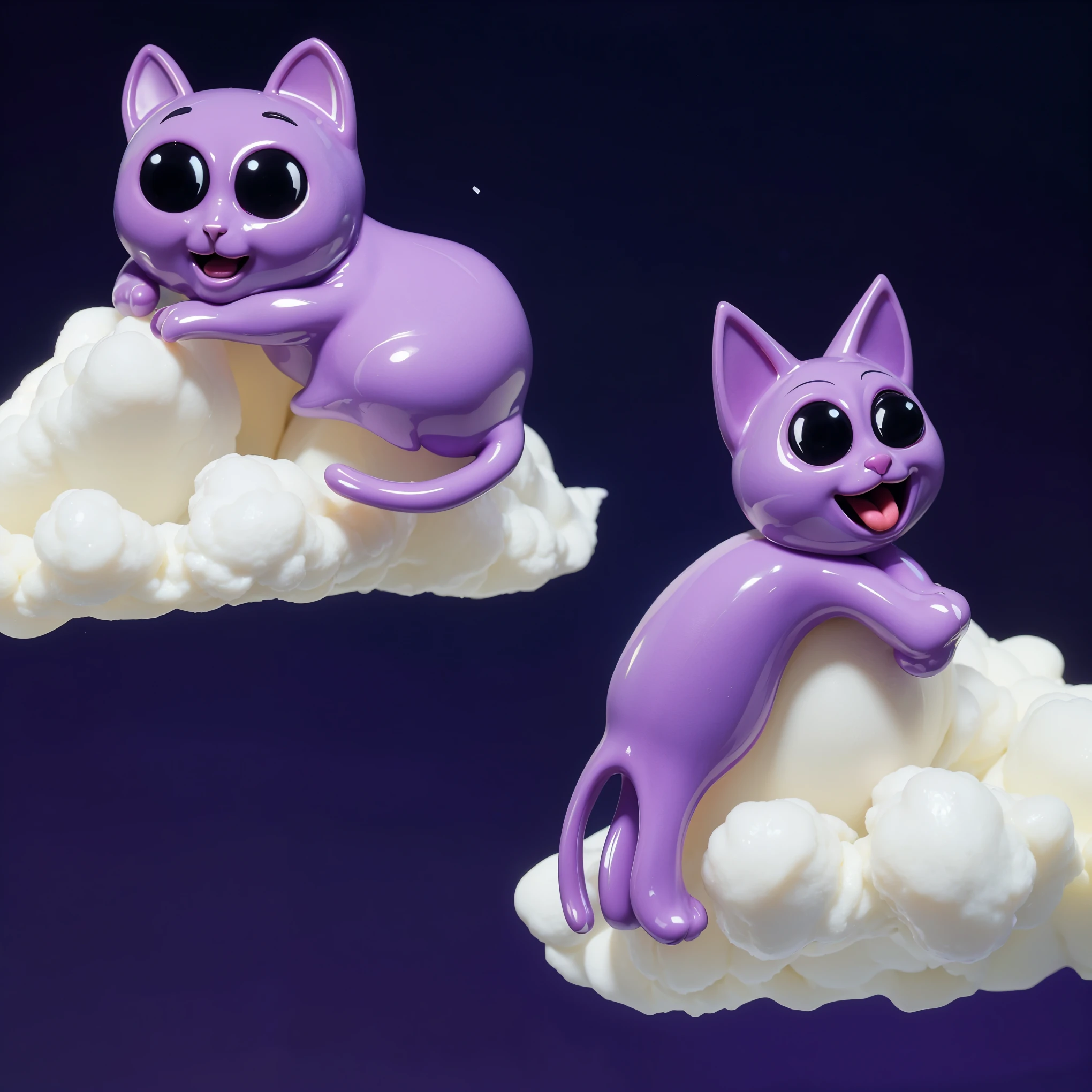 A 3D, glossy scene featuring two adorable latex-like purple cats with a shiny, plastic finish. The cats have large, expressive eyes and are positioned playfully on fluffy clouds in the night sky. The lighting is realistic, highlighting the glossy, reflective surfaces of the cats and creating a vibrant, magical atmosphere. The overall effect is smooth and polished, with the latex and plastic textures enhancing the whimsical and lifelike appearance of the characters.. cartoon key frame rendering, cute 3D rendering,,Create ultra sharp  цветной рендеринг zbrush. perfect cgi, cgi art created only with gradients, smooth silhouette, Create ultra sharp skin, high intensity refraction, (plastic material), most beautiful vfx, blue background, plastic refractions, glossy texture, smooth 3d model, multiple light sources, rim light, sharp post effects render, (glossy plastic texture with multiple big light probe refractions), perfect cgi, cgi art created only with gradients, smooth silhouette, high intensity refraction, (plastic material), most beautiful vfx, blue background