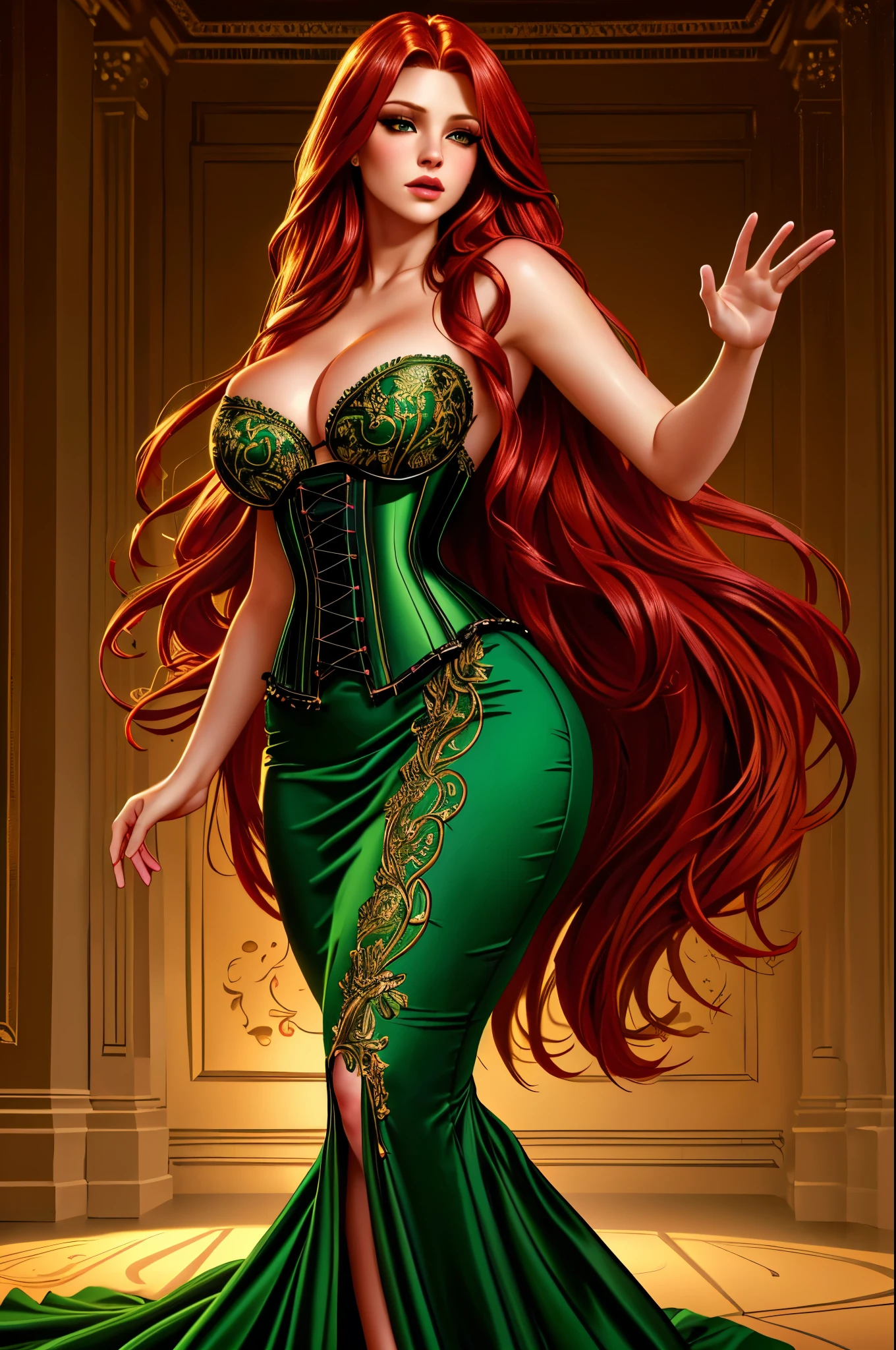 Jennifer Korbin in a long green dress, crimson hair, corset, leg slit, standing, seductive