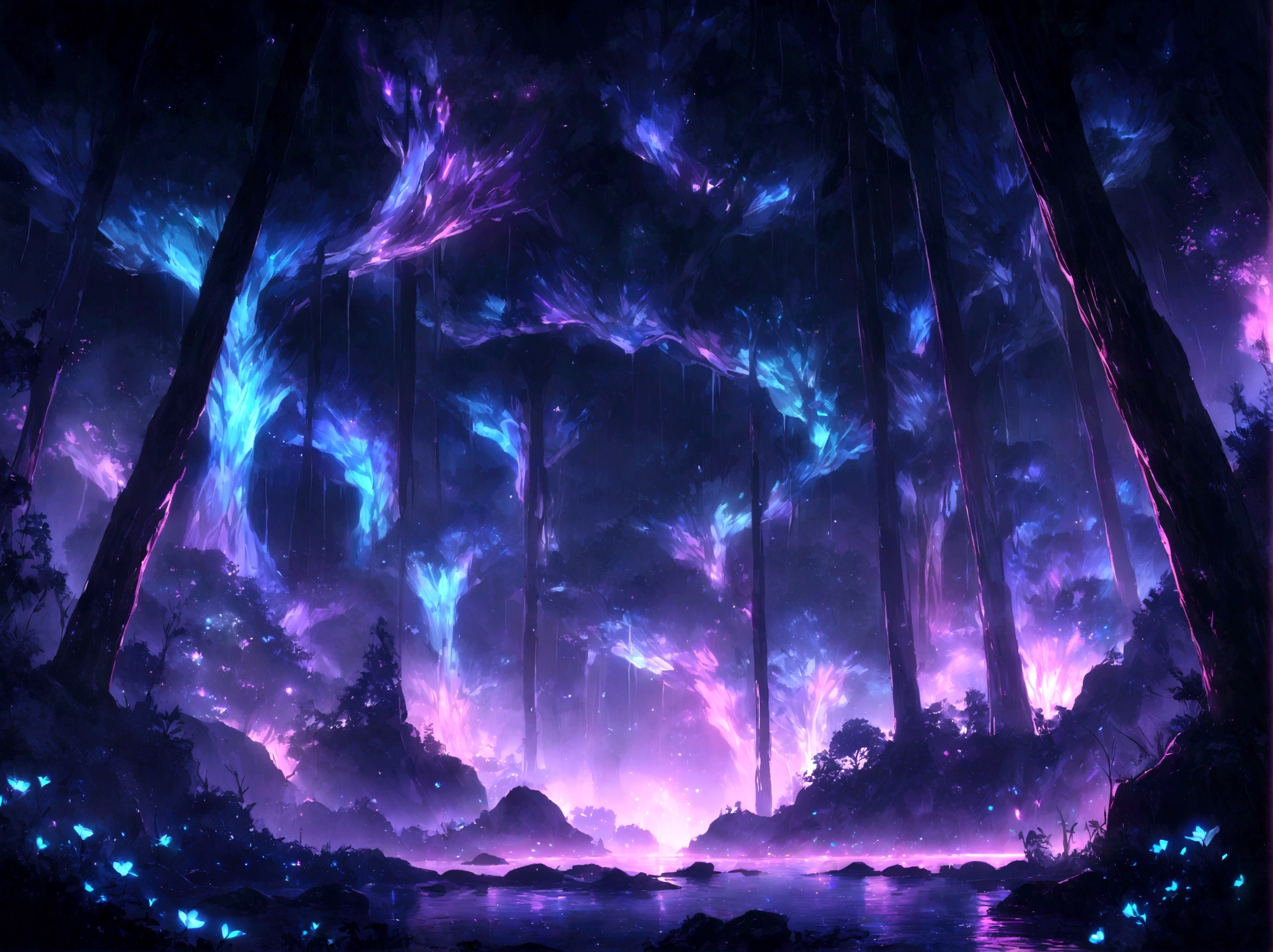 A beautiful biome with mostly dark blue colors and bioluminescence at night