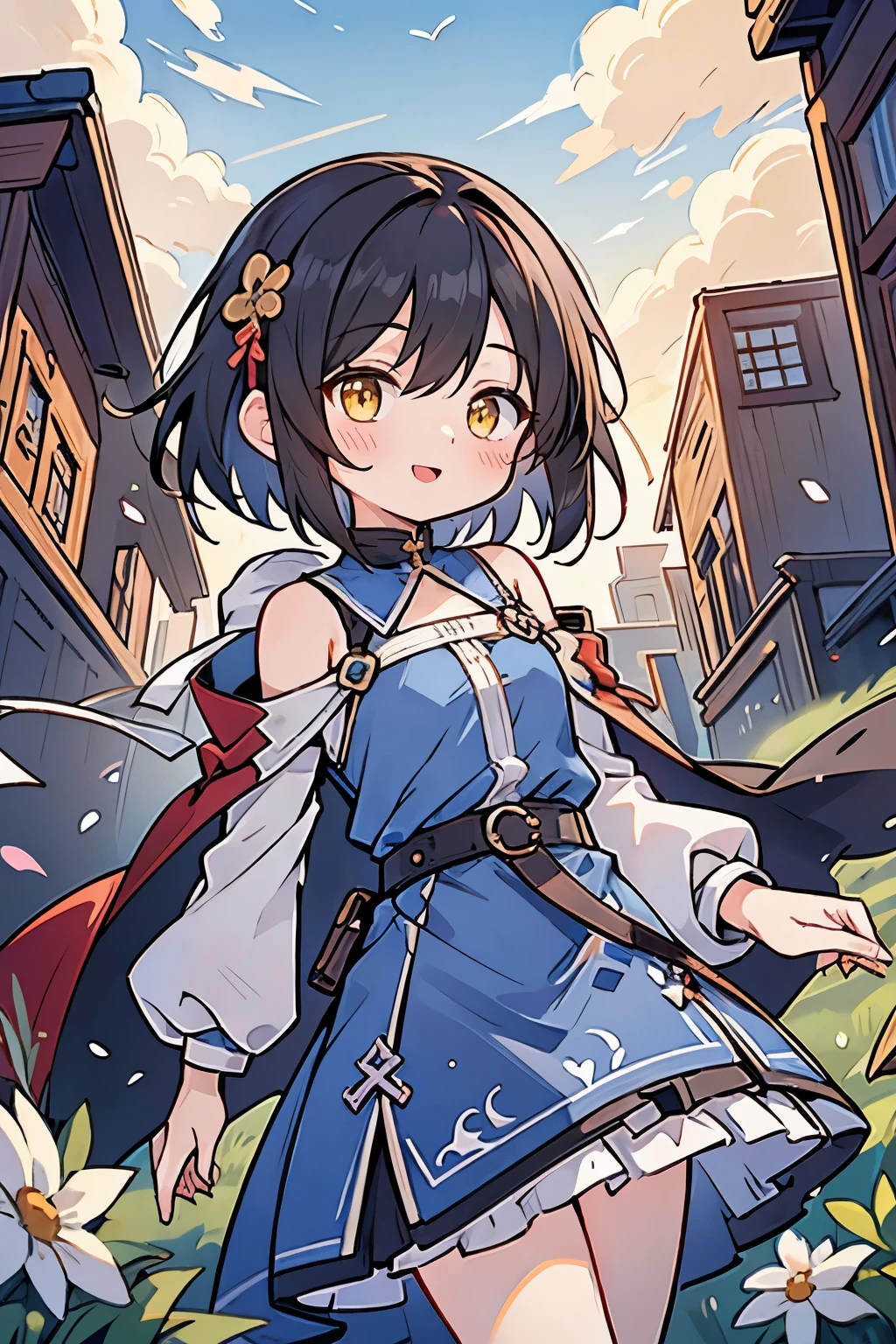 hui xiyi, rekkyo sensen, rekkyou sensen, fantasy world, ruins, fort, beautiful sky, shining sky, sunshine, camisoles, belts, blue clothes, cross, choker, black collar, nun, wind blowing dress, lace dress, off-shoulder sleeves, white legwear, medium hair, khaki jacket, velour dress, velour hoodie