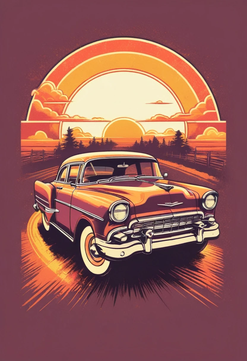 retro_tshirt a vintage car driving down a road with a sunset in the background, flat, frame,( square:1.1), (white outline:1.2) 