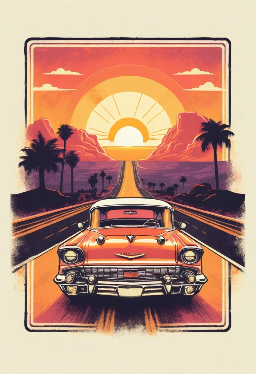 retro_tshirt a vintage car driving down a road with a sunset in the background, flat, frame,( square:1.1), (white outline:1.2) 