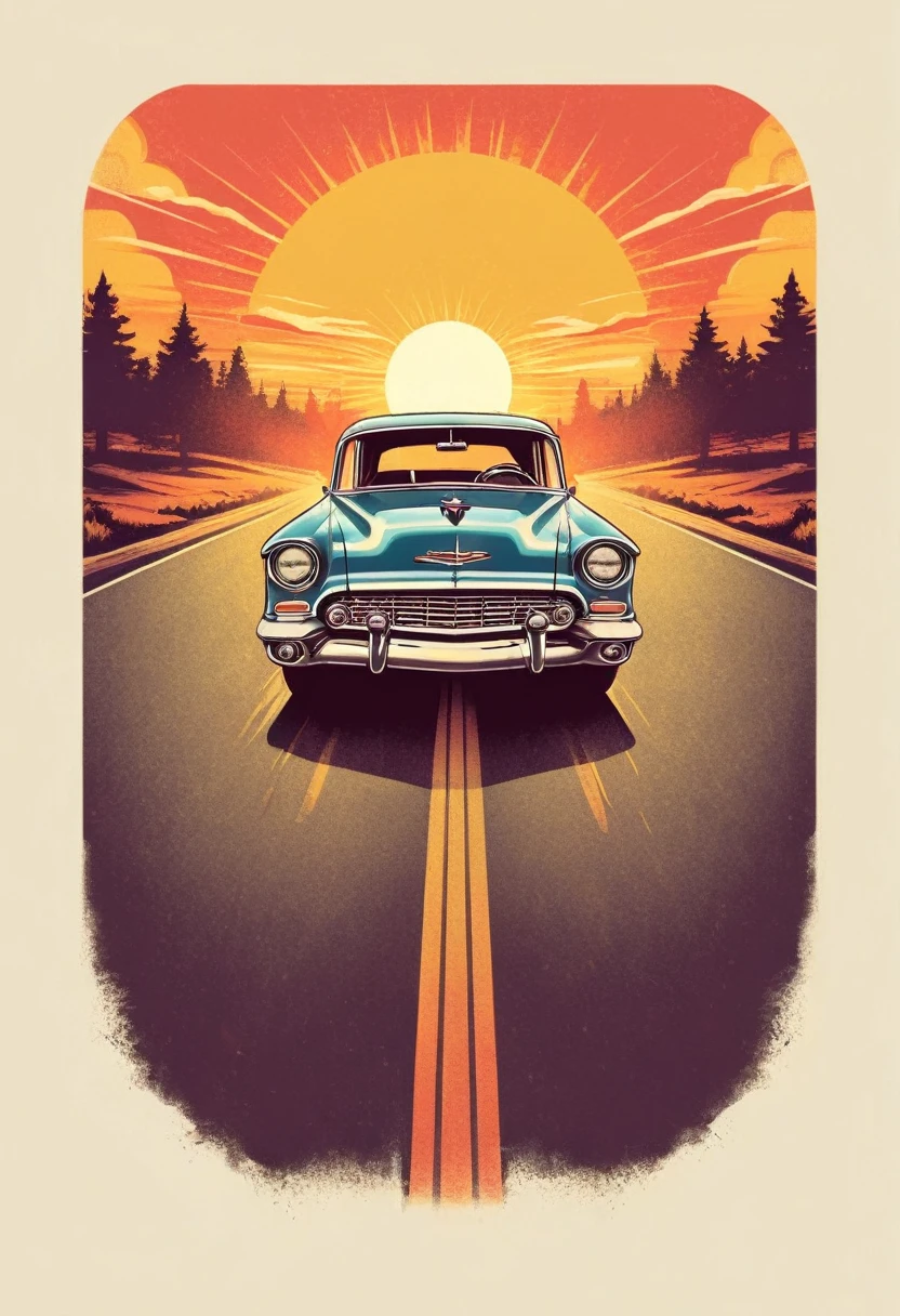 retro_tshirt a vintage car driving down a road with a sunset in the background, flat, frame,( square:1.1), (white outline:1.2) 