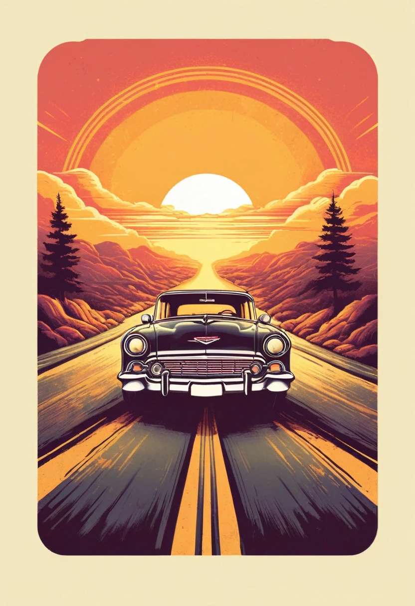 retro_tshirt a vintage car driving down a road with a sunset in the background, flat, frame,( square:1.1), (white outline:1.2) 