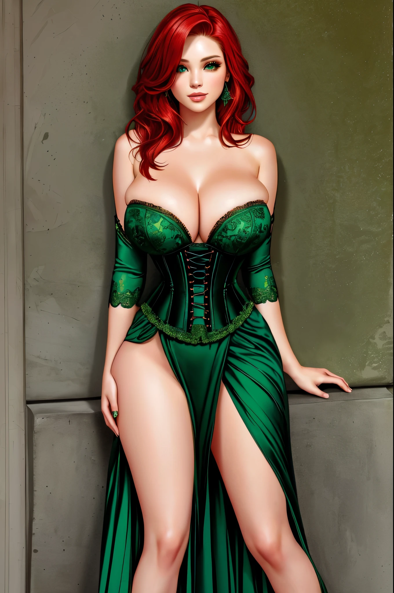 Jennifer Korbin in a long green dress, crimson hair, corset, leg slit