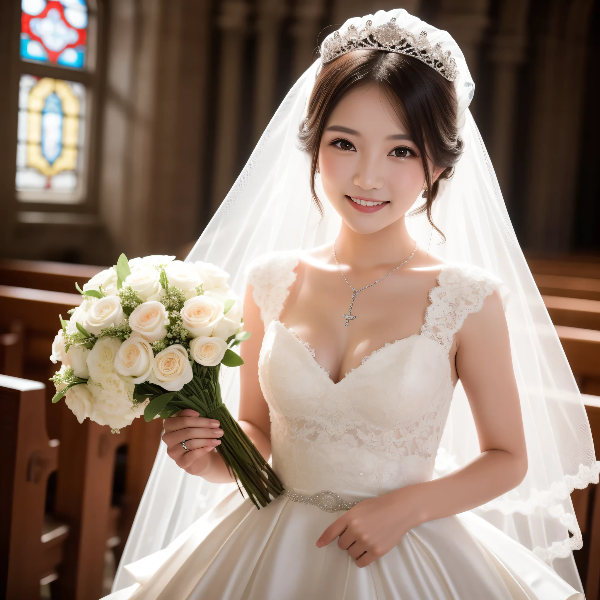 (kawaii face), (flat chest:1.2), happy smile, (Beautiful frills and lace cute wedding dress:1.3), (tiaras, necklaces, earrings), Ultra High Definition, Superior Quality, Premier Quality, ultra detailed, Photorealistic, 8k, RAW Photos, highest quality, masterpiece, professional photography, Realistic portrait, Beautiful detailed, Close up portrait of girl, (chapel, stained glass), bouquet, flower decoration, (Fine face:1.2),