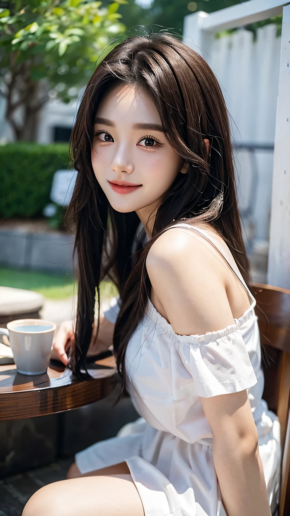 masterpiece、Top image quality:1.2、((beautiful young woman with))、Transparent skin:1.2、{A slight smil}、(kawaii)、cafes、appointment、depth of fields