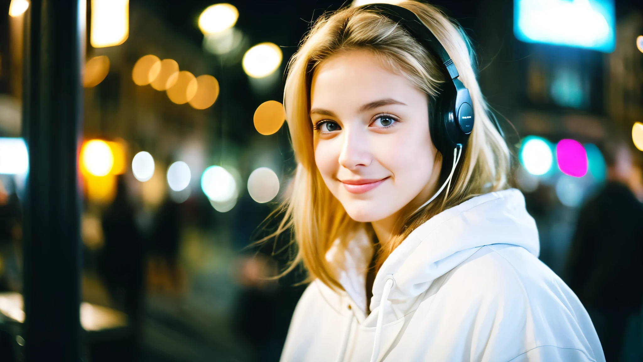 Beautiful blonde in oversized white sweatshirt (Stroll around the city at night),Wearing headphones,Very detailed, 21 years old, Innocent face, Naturally Wavy Hair, blue eyes, High resolution, masterpiece, highest quality, Intricate details, Very detailed, Clear focus, Delicate skin, practical skin texture, texture, Delicate eyes, Professional, 4K, Cute Smile, Shot with Canon, 85mm, Shallow and deep,  Kodak Vision Color, Exactly, Very detailed, photograph_\(Extremist\), photographpractical, practical, Post-processing, Maximum details, Roughness, Real Life, Extremist practical, Photorealism, photographgraphy, 8K Ultra HD, photographgraphy