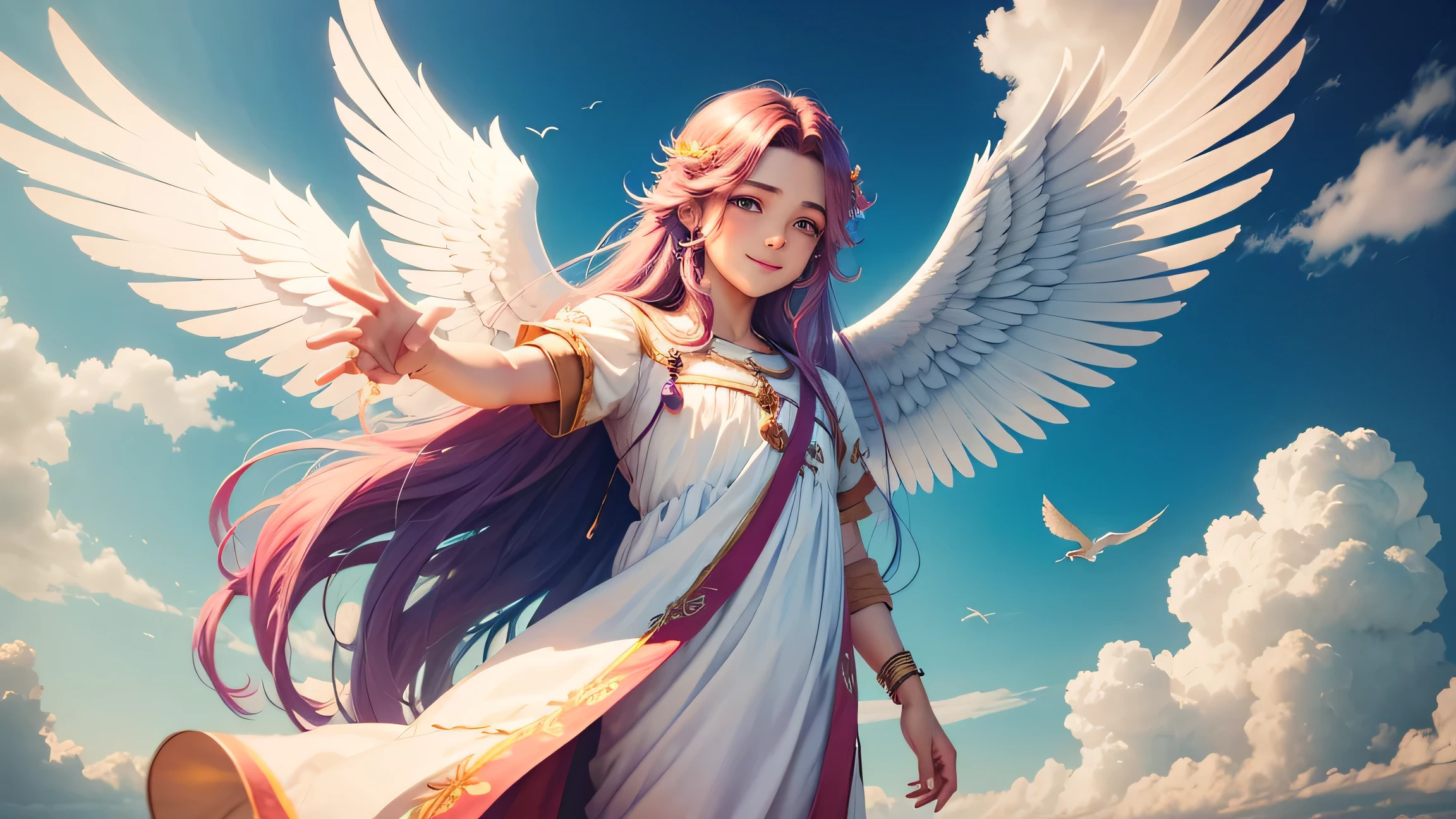 an angel，Smile，With wings，long hair，male，Background is sky，cloud，A colorful bird stands on the angel&#39;s shoulder