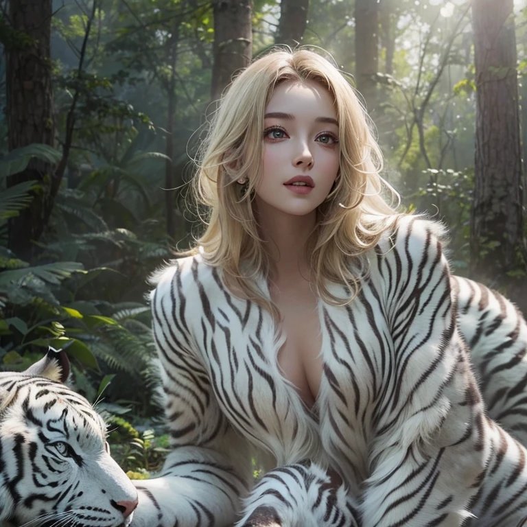 Standing in the forest、Hair flow、 ((highest quality、masterpiece、8k、Best image quality、Ultra-high resolution、Award-winning works)、(Accurate anatomy:1.1)、(Look at me and smile:1.1)、Shining fair skin with Ultra-high resolution、The most detailed face、Ultra-high resolution detailed face、Ultra-high resolutionのblond hair、(Ultra-high resolution eye:1.1)、Beautiful face drawn in every detail、Traditional Russian costume , Chest to chest, Strange atmosphere, Next to him stands a real white tiger, Dark Light, in the forest , Heavy makeup