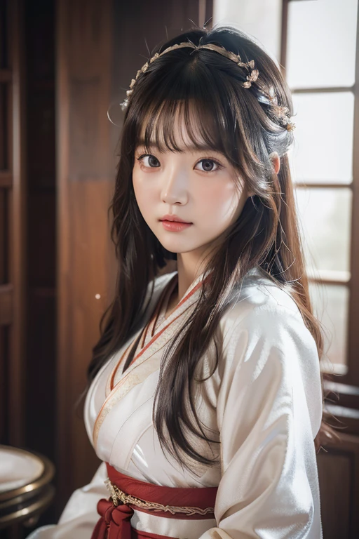 1girl, solo picture, Kim Yoo-jung, (beauty goddess face (mixRussian)), (sexy hanfu cloath), (8k HD extremely realistic detailed face:1.5 (soft scene, very low lightning), masterpiece:1.3, ultra highres:1.2, dynamic lighting), cinematic scene,