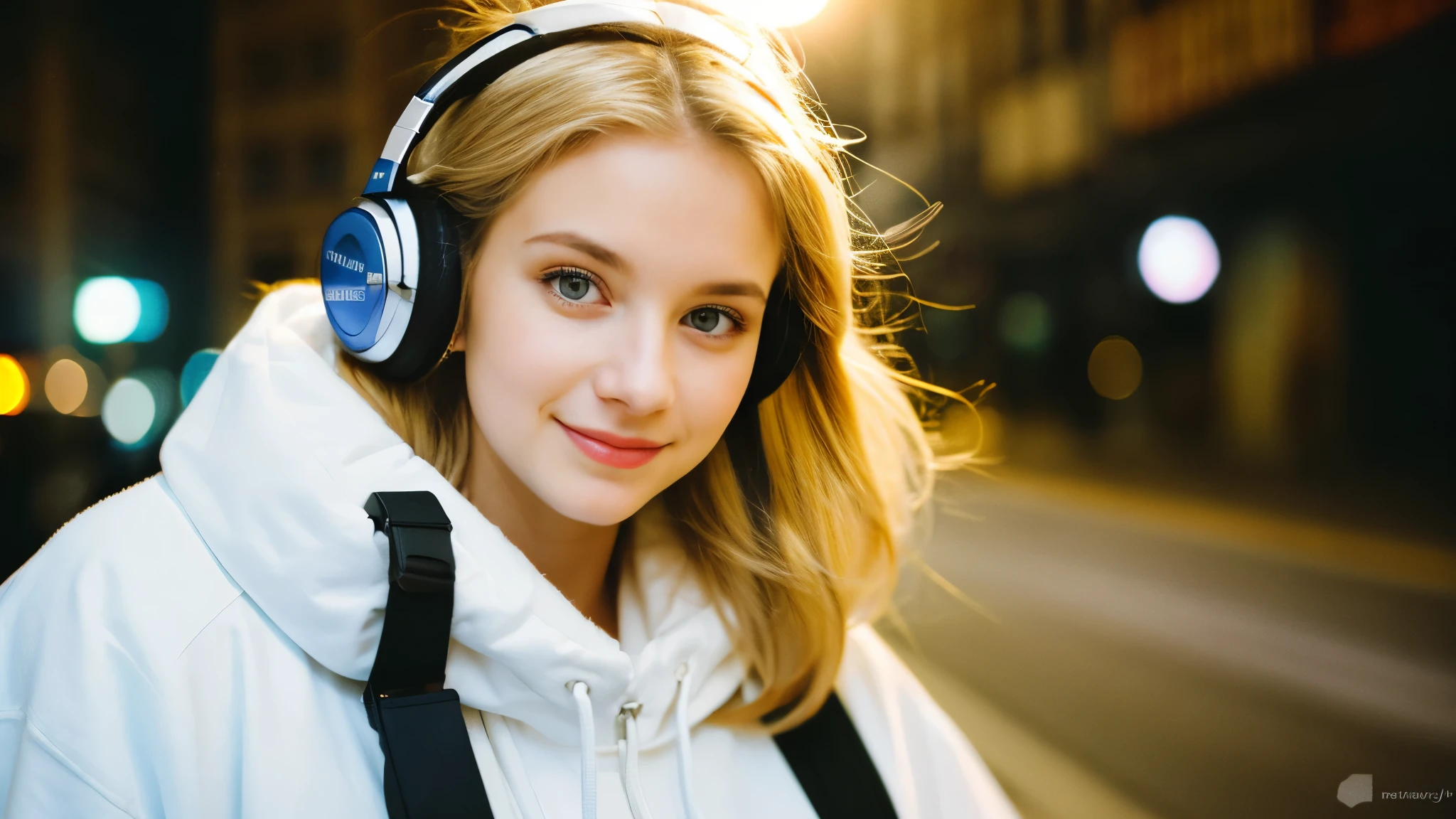 Beautiful blonde in oversized white sweatshirt (Stroll around the city at night),Wearing headphones,Very detailed, 21 years old, Innocent face, Naturally Wavy Hair, blue eyes, High resolution, masterpiece, highest quality, Intricate details, Very detailed, Clear focus, Delicate skin, practical skin texture, texture, Delicate eyes, Professional, 4K, Cute Smile, Shot with Canon, 85mm, Shallow and deep, Kodak Vision Color, Exactly, Very detailed, photograph_\(Extremist\), photographpractical, practical, Post-processing, Maximum details, Roughness, Real Life, Extremist practical, Photorealism, photographgraphy, 8K Ultra HD, photographgraphy