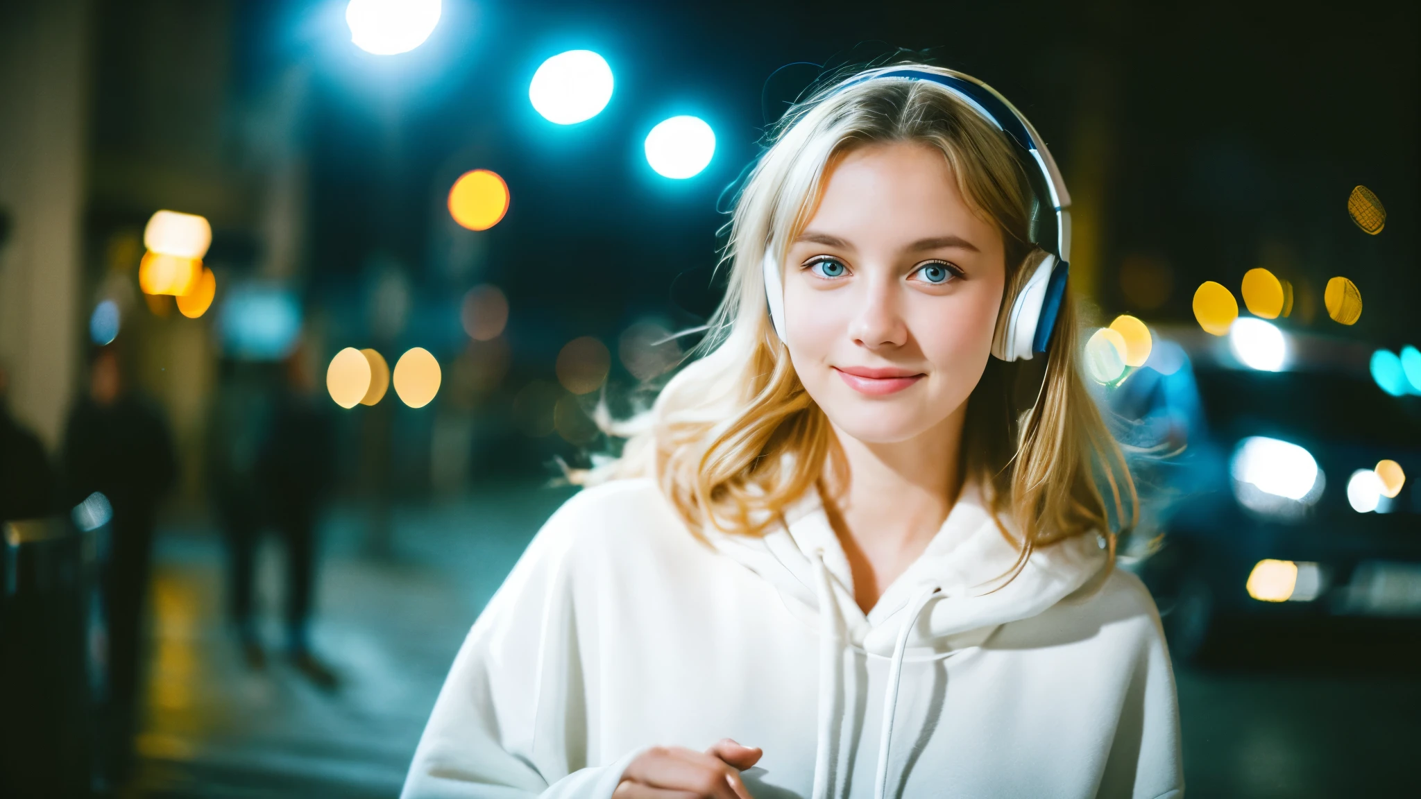 Beautiful blonde in oversized white sweatshirt (Stroll around the city at night),Wearing headphones,Very detailed, 21 years old, Innocent face, Naturally Wavy Hair, blue eyes, High resolution, masterpiece, highest quality, Intricate details, Very detailed, Clear focus, Delicate skin, practical skin texture, texture, Delicate eyes, Professional, 4K, Cute Smile, Shot with Canon, 85mm, Shallow and deep, Kodak Vision Color, Exactly, Very detailed, photograph_\(Extremist\), photographpractical, practical, Post-processing, Maximum details, Roughness, Real Life, Extremist practical, Photorealism, photographgraphy, 8K Ultra HD, photographgraphy