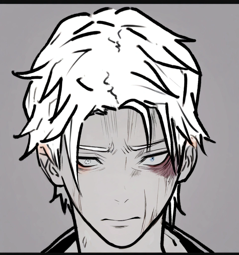 male boy, white hair, hurt and bad face, neutral look