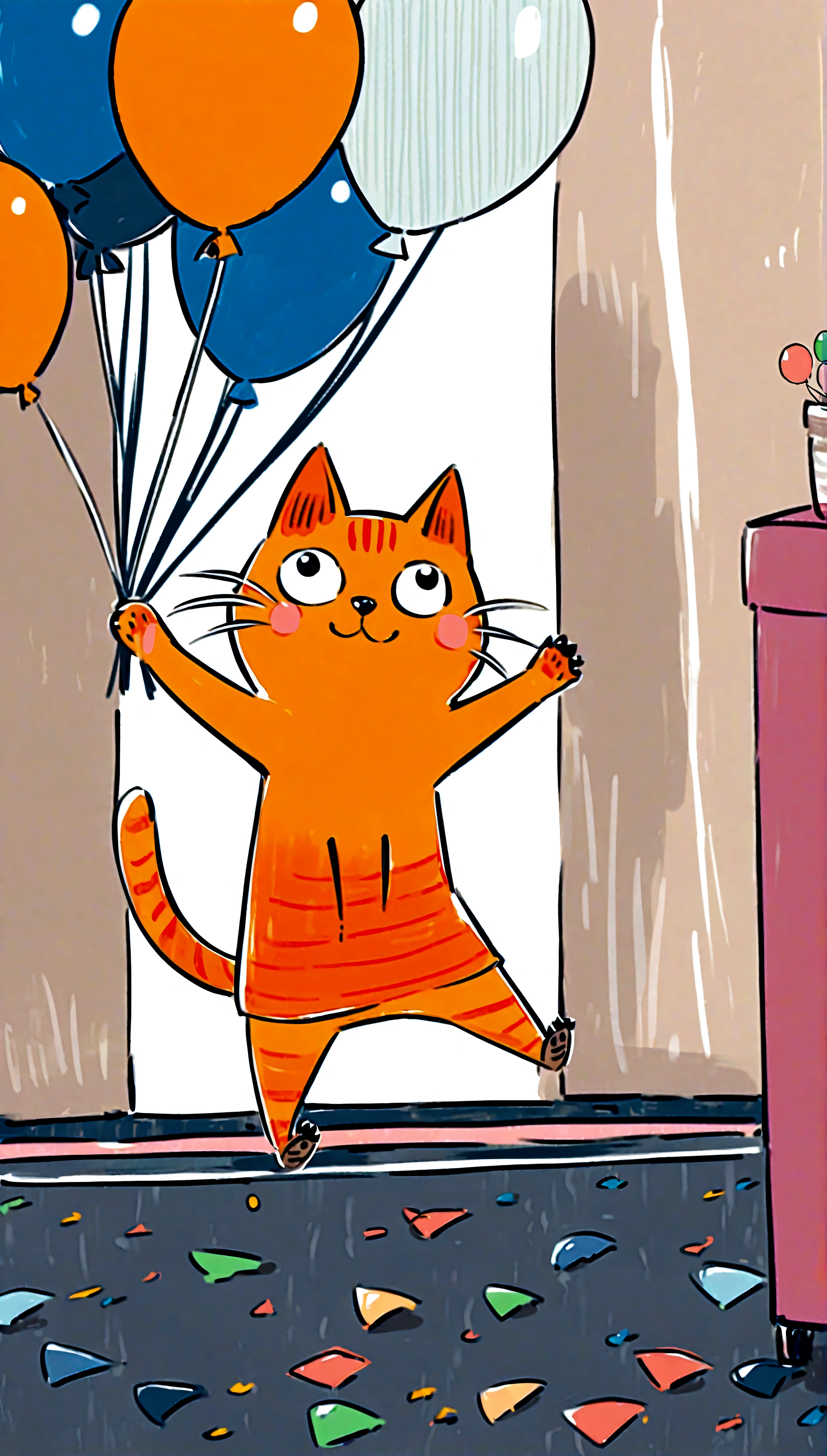 playful cat jumping in the air with a colorful background of balloons and confetti, looking joyful and energetic.