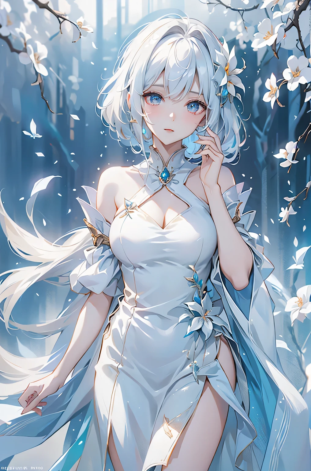 ((From the waist up))((masterpiece:1.5、8k、Portraiture、Photorealistic and very detailed CG、Very detailed、Particle Effects、Dynamic Effects、Written boundary depth、Cinematic Light、Lens flare、Ray Tracing、Tabletop、Realistic、超A high resolution:1.2)((alone、,Woman in off-the-shoulder dress:1.4、Model-like pose、medium beautiful breasts、Detailed face、brightexpression、young, bright, Whiter skin、Best Looks、Ultimate beauty、White hair with shiny highlights:1.8、bright and shiny hair,、Super long, Silky straight hair、Hair swaying in the wind))(Wonderful transparent flower々Surrounded by、White Background、Great background、Thin petals fluttering down)
