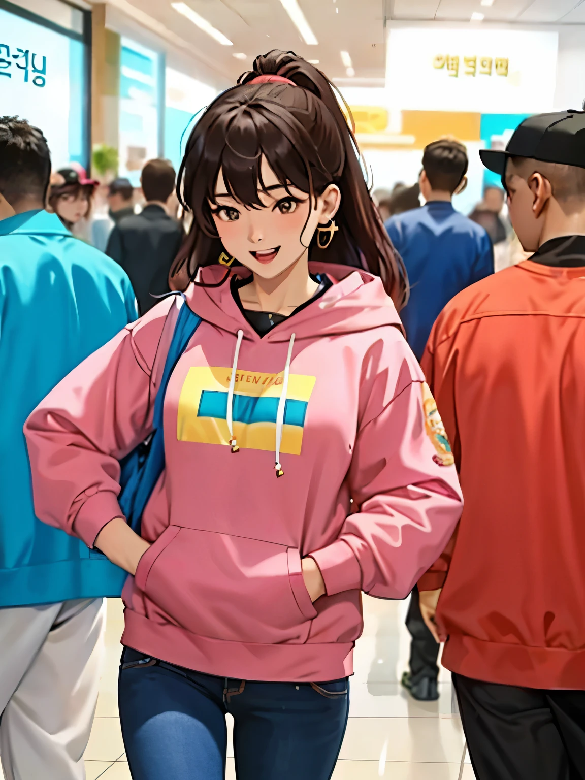 Korean sports girl, (20 years old), in the shopping mall, hoodie, headset, giggle expression, (from front view), (masterpiece, best quality, extremely detailed, hyper realistic)