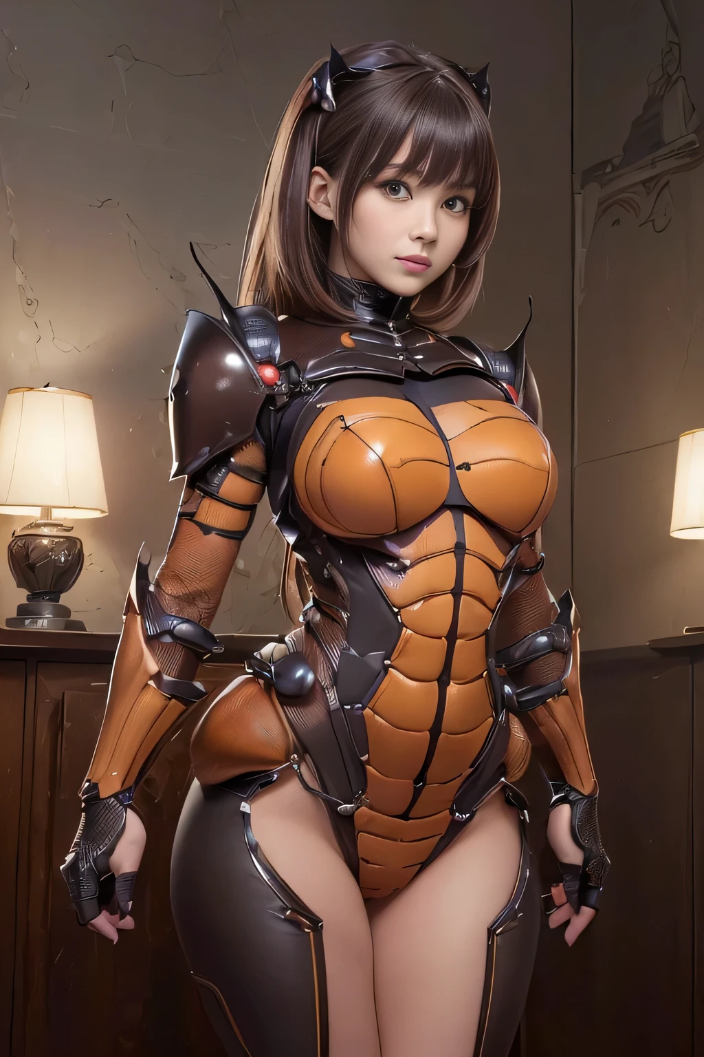 (high resolution,masterpiece,best quality,extremely detailed CG, anime, official art:1.4), realistic, photo, amazing fine details, all intricate, gloss and shiny,awesome many layers, 8k wall paper, 3d, sketch, kawaii, illustration,( solo:1.4), perfect female proportion,villainess, (fusion of dark brown cockroach and lady:1.4), (brown cockroach form lady:1.2), (brown cockroach lady:1.2), (fusion:1.2), (solo:1.4), (evil smile:1.2), muscular, abs, (cockroach brown exoskeleton bio insect suit:1.4), (cockroach brown exoskeleton bio insect armor:1.2), (brown transparency cockroach wing:1.4), (brown cockroach antennae:1.3),