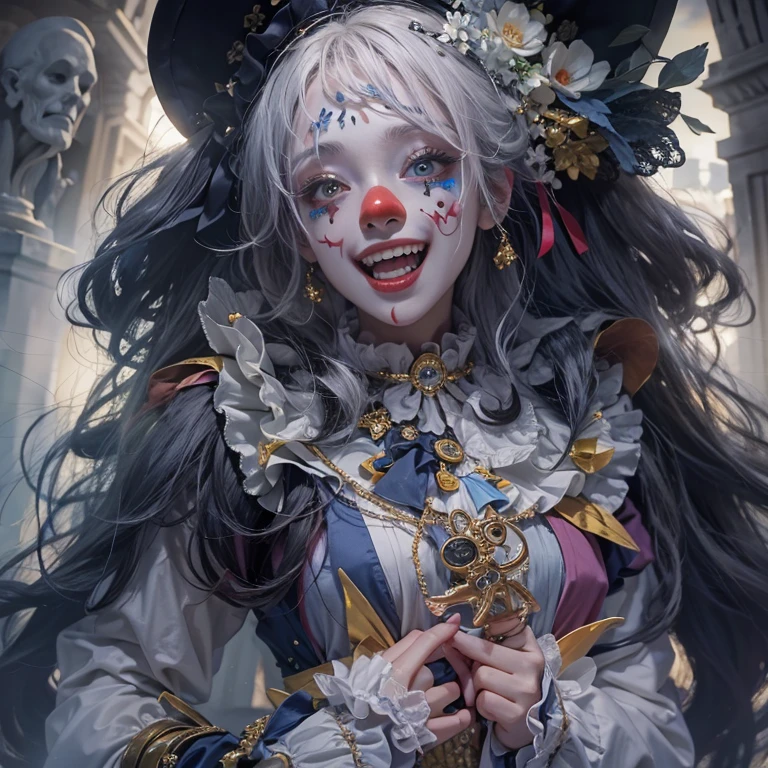 Standing in the grave、Hair flow、 ((highest quality、masterpiece、8k、Best image quality、Ultra-high resolution、Award-winning works)、(Accurate anatomy:1.1)、(Look at me and smile:1.1)、Shining fair skin with Ultra-high resolution、The most detailed face、Ultra-high resolution detailed face、Ultra-high resolutionの髪の毛、(Ultra-high resolution eye:1.1)、Beautiful face drawn in every detail、Cheerful clown costume, Chest to chest,  Strange atmosphere, Ghosts flow, Dark Light, At the cemetery, Heavy makeup 