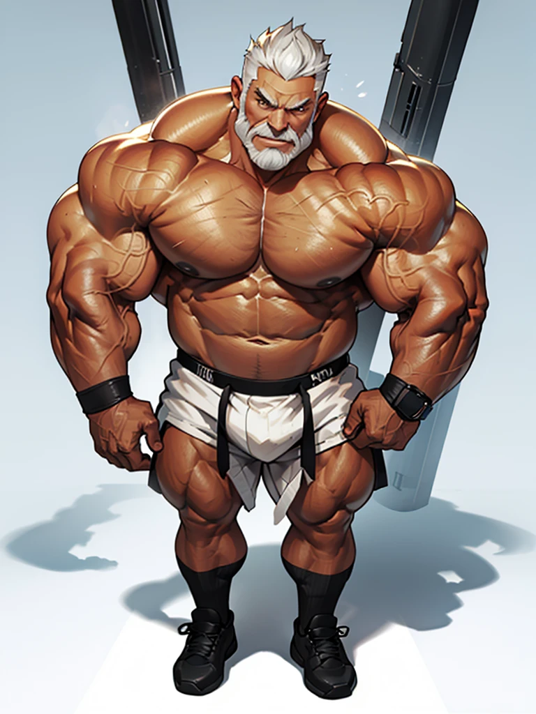 solo, 1boy. simple background, white background, extremely huge muscular, massive muscular, full-body, well-muscled old man, nude, shirtless. ((extremely muscle size, super thick arms, huge pec, extremely wide pectoral , huge arms)). and add details to make it attractive and interesting. Add textures and details to make the image more realistic, Make sure the resulting image is high resolution, 8K quality."