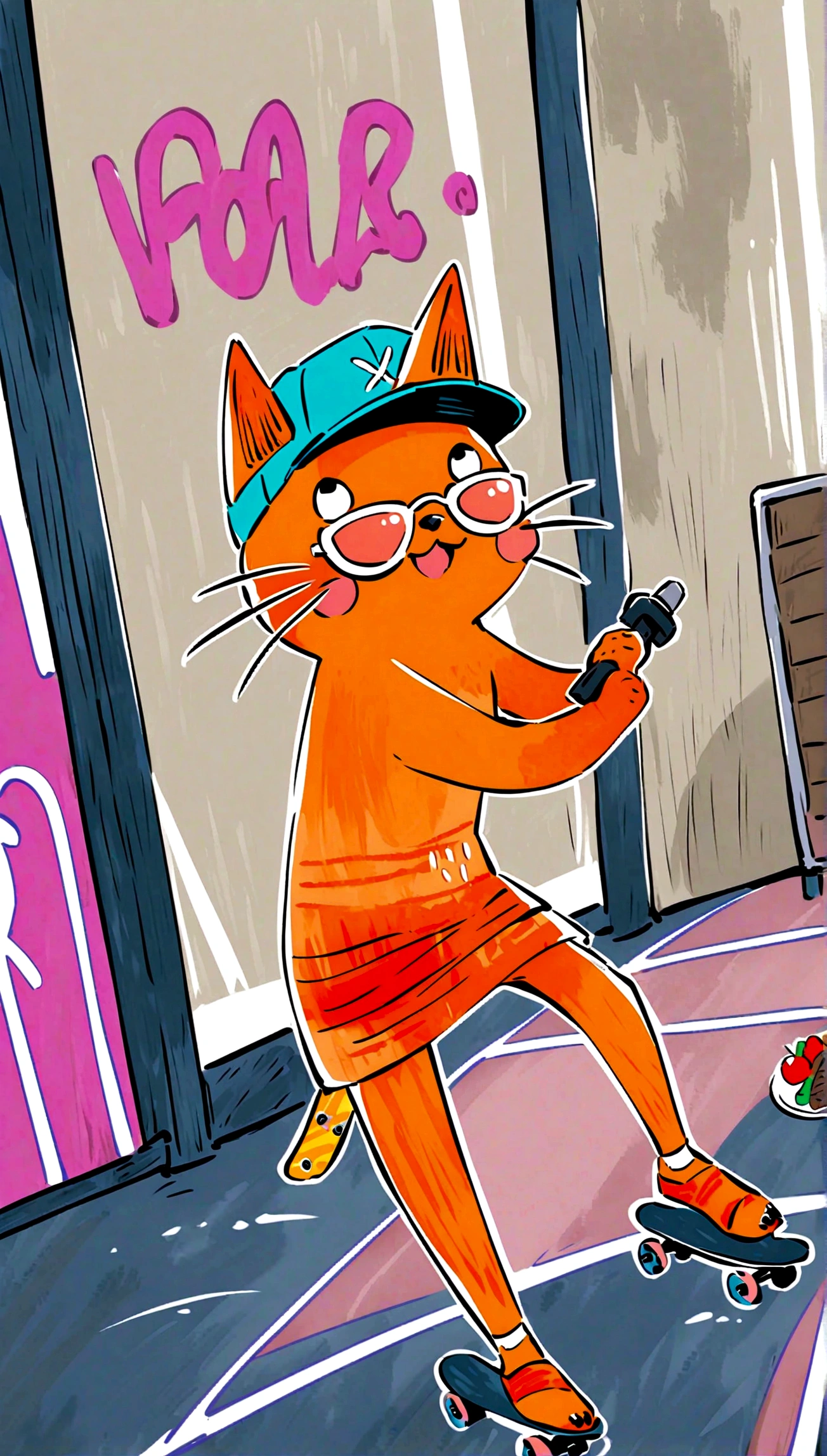 riding a skateboard, wearing sunglasses and a cap, in a vibrant urban setting with graffiti art and neon signs