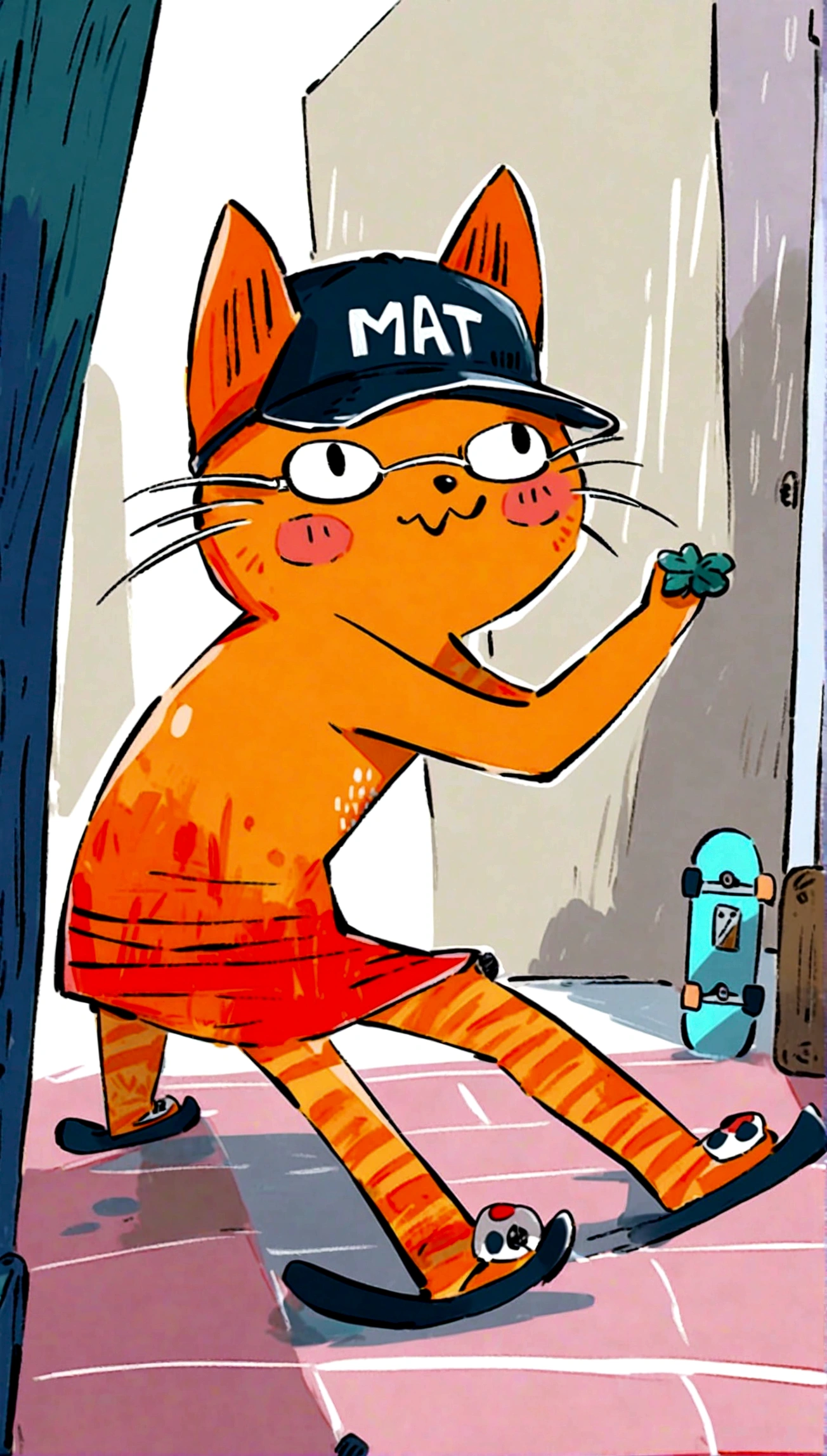 riding a skateboard, wearing sunglasses and a cap, in a vibrant urban setting with graffiti art and neon signs
