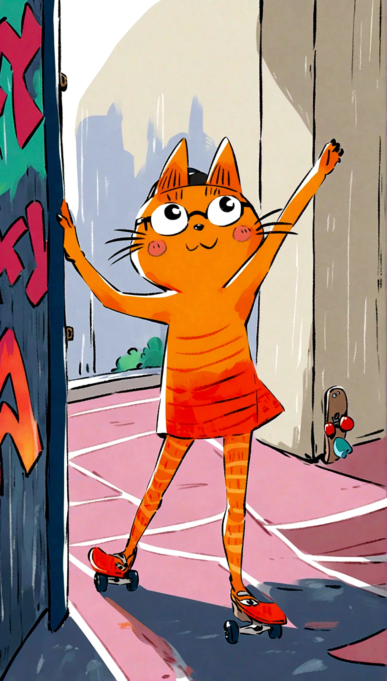 riding a skateboard, wearing sunglasses and a cap, in a vibrant urban setting with graffiti art and neon signs