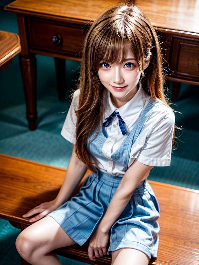 （8k, highest quality, Pieces fly:1.2)、Ultra-high resolution、anime,1 very pretty girl,Asuka Langley,Highly detailed face, Fine grain,blue eyes,,White sailor collar plain short sleeve shirt,Light blue skirt,Light Blue Suspenders,uniform_Red ribbon,Orange Hair,Long Hair、Detailed hand and fingers,put your hands in your hair,Grin、sitting on desk,Shooting from above,classroom