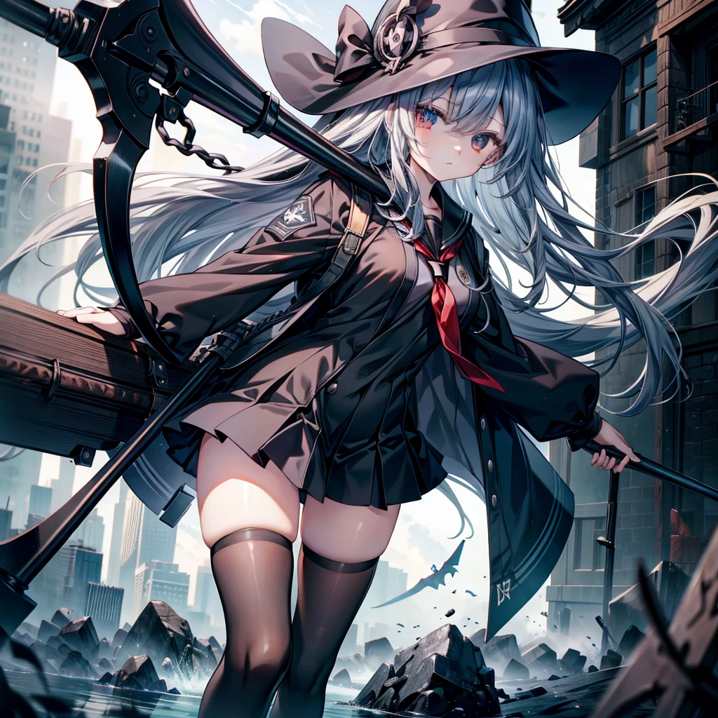 highest quality、Masterpiece、Official Art、The best composition、A high school girl vampire hunter wearing a black sailor uniform、Has the Grim Reaper's Scythe、Wind、deep focus,absurdres、detailed eyes and face、Blood splatter、Blood is dripping from the scythe、minaba hideo、
Grim Reaper's Scythe、