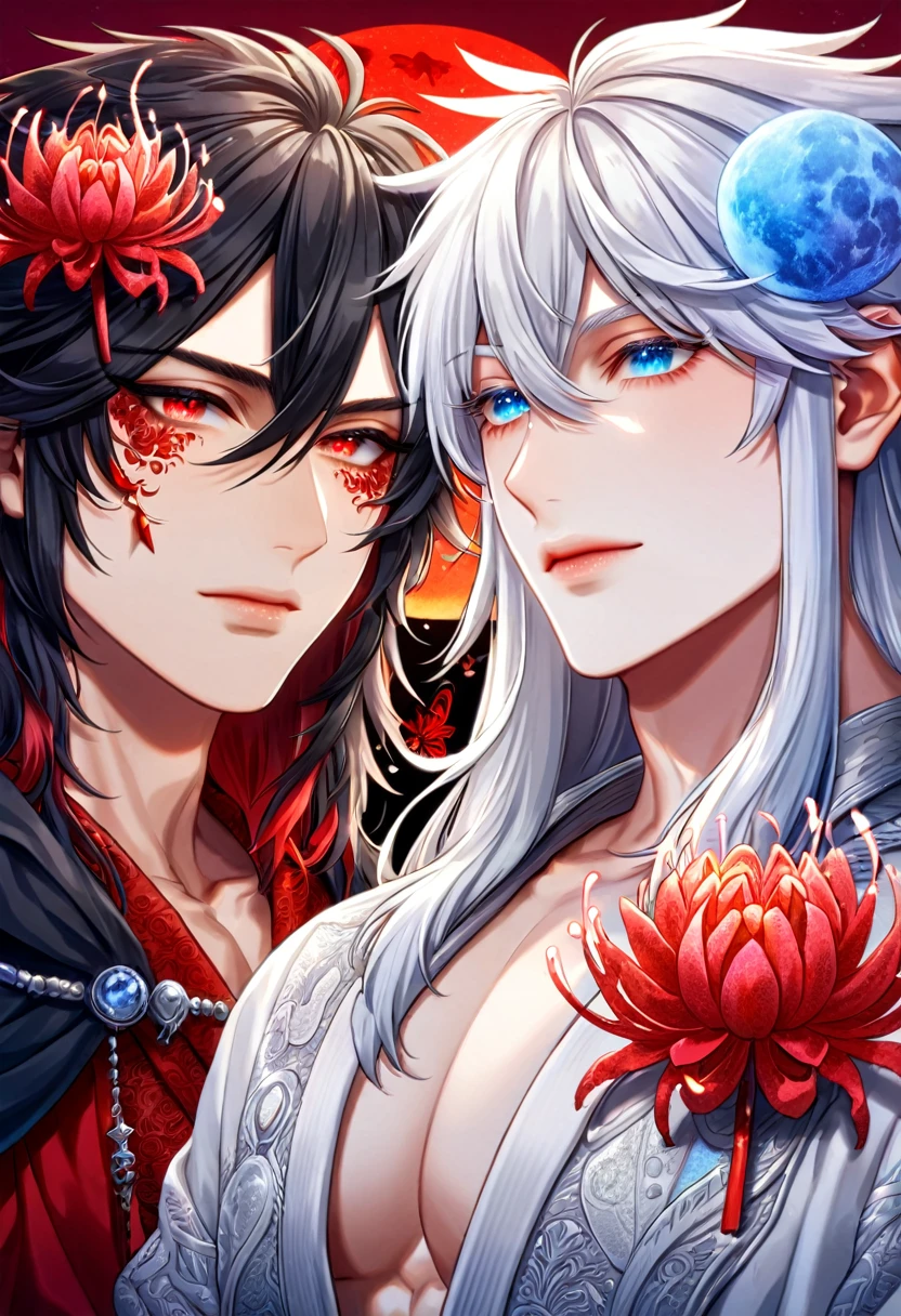 absurdres, highres, ultra detailed, HDR, master piece, best quality, extremely detailed face, delicated features, Xue Yu, untamed spiky hair, black long hair, hair between the eyes, expressive red eyes, Thousand Years War, Xinren, white long hair, expressive blue eyes, two sexy men together, gay couple, yaoi, handsome, toned chest, black cape, red robes, white robes, accessories, patterns, red sky, red butterflies, red spider lilies, fantasy, magical, radiant