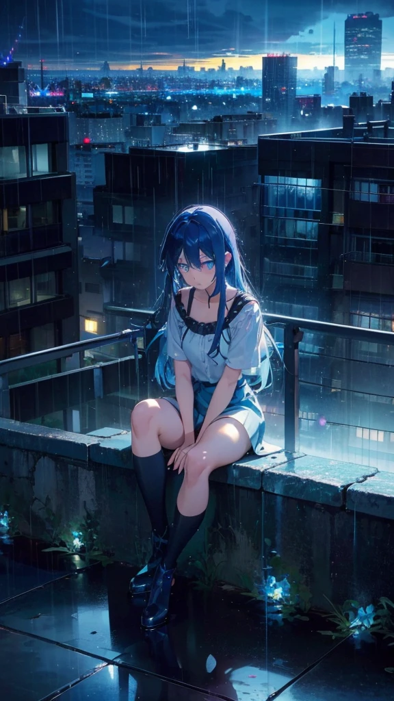 1 anime girl, alone,blue hair,Blue shining jewel eyes,Black petals flutter, A mysteriously shining butterfly.rain,storm,city,city,Vivid blue hair,bright blue jewel eyes,thin legs,cloudy sky,rain,sad expression,sunset,rain,very clear,highest quality,sitting,Straight Hair
