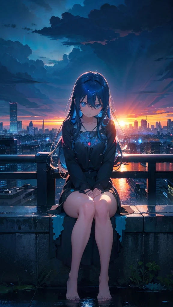 1 anime girl, alone,blue hair,Blue shining jewel eyes,Black petals flutter, A mysteriously shining butterfly.rain,storm,city,city,Vivid blue hair,bright blue jewel eyes,thin legs,cloudy sky,rain,sad expression,sunset,rain,very clear,highest quality,sitting,Straight Hair