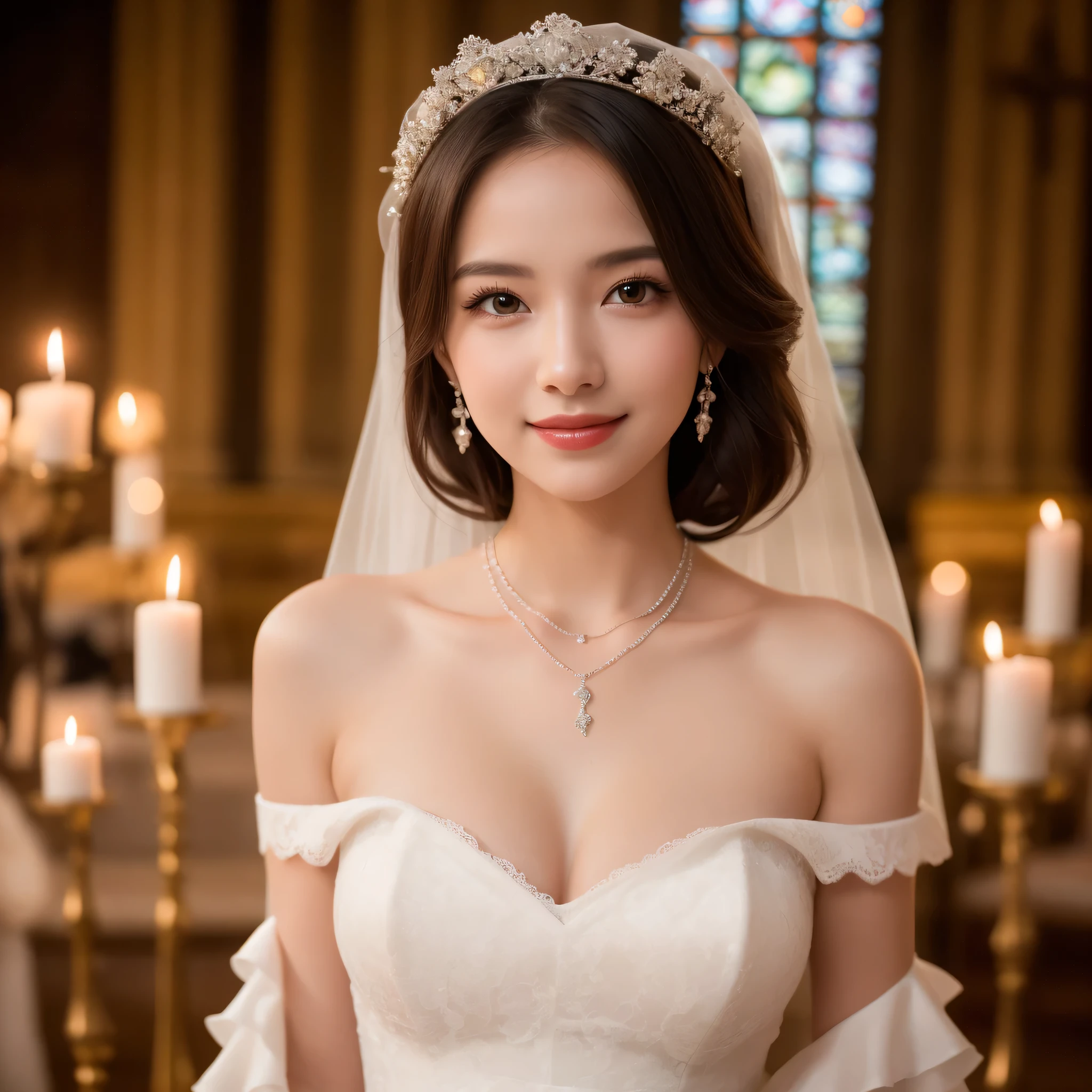 (kawaii face), (flat chest:1.2), happy smile, (Beautiful frills and lace cute wedding dress, bare shoulders:1.3), (tiaras, necklaces, earrings), Ultra High Definition, Superior Quality, Premier Quality, ultra detailed, Photorealistic, 8k, RAW Photos, highest quality, masterpiece, professional photography, Realistic portrait, Beautiful detailed, Close up portrait of girl, (chapel, stained glass, candle light), flower decoration, (Fine face:1.2),