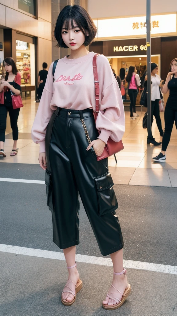 (8k, Photorealistic, Raw photo, Highest quality: 1.4),Japanese idol style1Beautiful girl of the person,20-year-old,Short bob hairstyle,Black Hair,My hair is blowing in the wind,Big, clear grey eyes,Long eyelashes,Plump Cheeks,She is wearing pink lipstick,Apply gloss over your lipstick for glossy, plump lips,Wearing a camisole,Wearing cargo pants,wearing sandals on bare feet,Shopping mall,Full body portrait