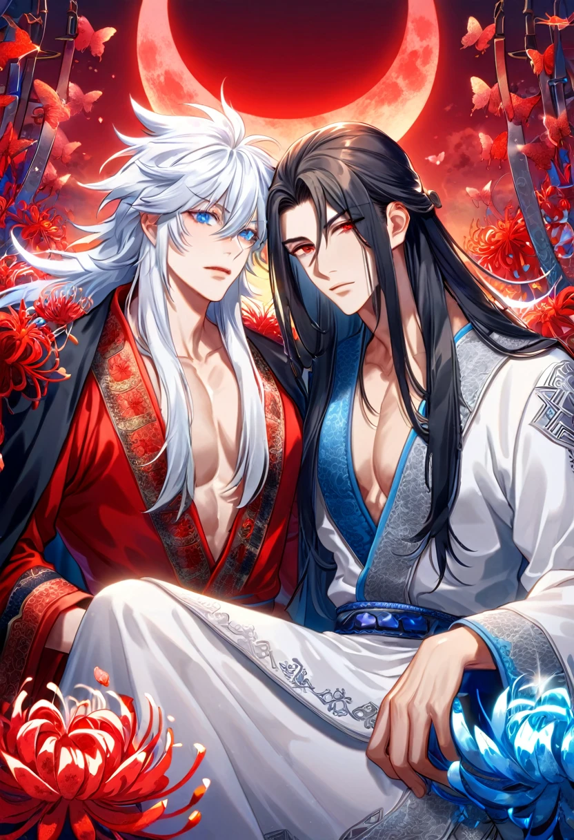 absurdres, highres, ultra detailed, HDR, master piece, best quality, extremely detailed face, delicated features, Xue Yu, untamed spiky hair, black long hair, hair between the eyes, expressive red eyes, Thousand Years War, Gojou Satoru, white long hair, expressive blue eyes, two sexy men sitting together, gay couple, yaoi, handsome, toned chest, black cape, red robes, white robes, accessories, patterns, red sky, red butterflies, red spider lilies, fantasy, magical, radiant moon