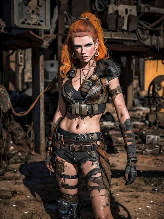 A highly detailed and realistic skull girl,( Anya. Taylor Joy) cyberpunk character, mad max furiosa, one hand robot, cyborg arm, orange hair, dramatic metal heavy rock theme, best quality, 8k, hyperrealistic, photorealistic, extreme detailed painting, studio lighting, vivid colors, dark moody atmosphere, cinematic, dramatic pose, intricate mechanical details, glowing energy effects, intense gritty textures, seamless integration of organic and inorganic elements. Wearing the used clothes of a wastelander. Background: An apocalyptic wasteland. Dusty and depressing., sexy pose, walking
