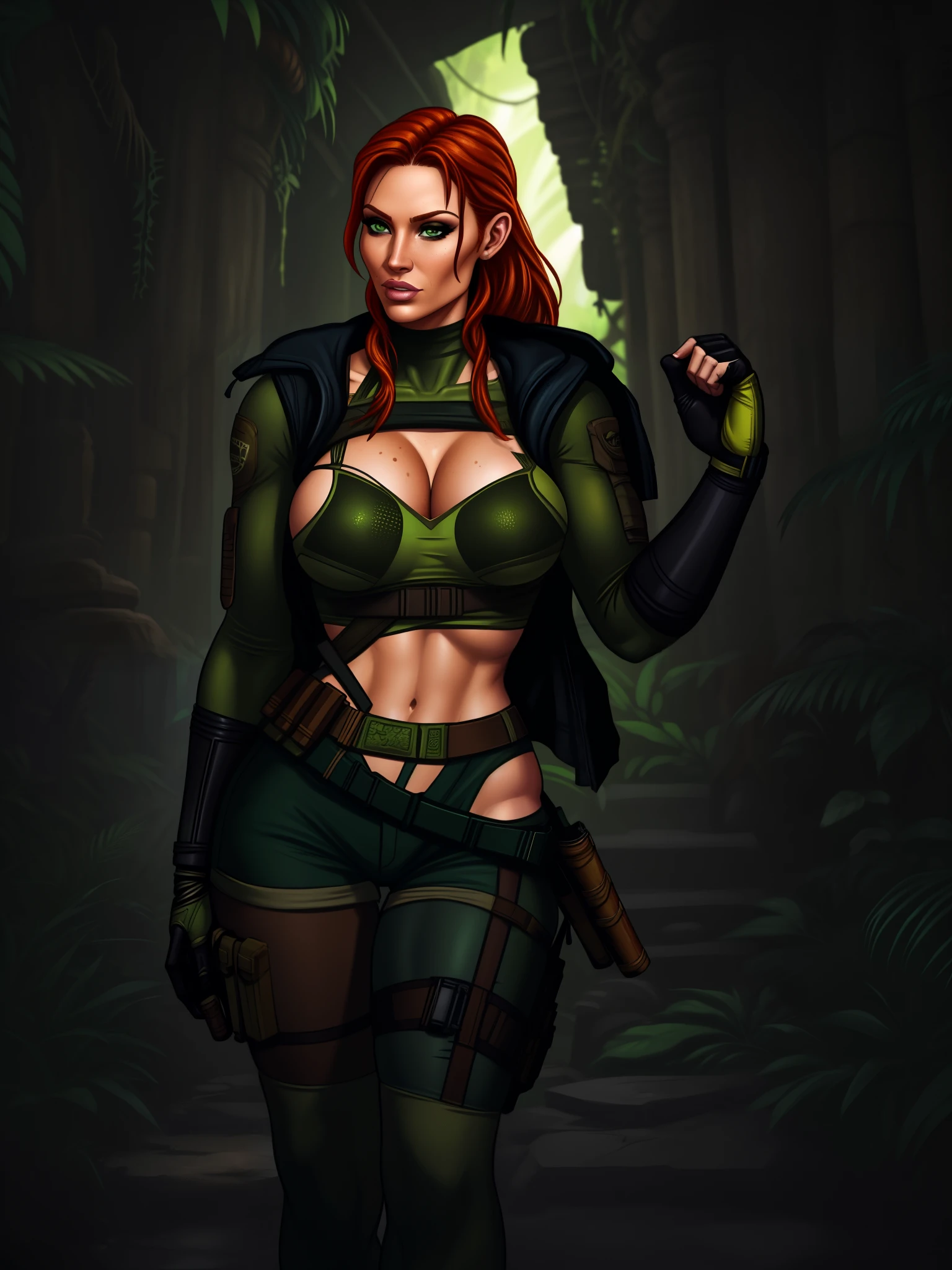 Jennifer Korbin, ginger hair, cosplaying lara croft, tan shorts, green top, jungle temple,