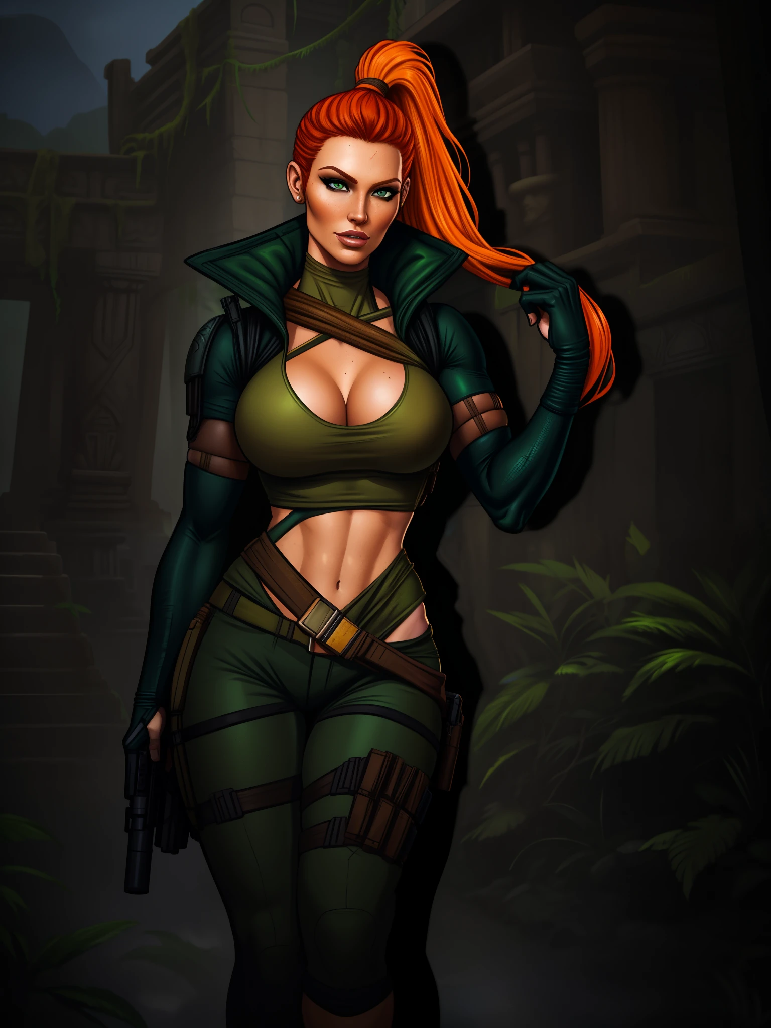 Jennifer Korbin, ginger hair, cosplaying lara croft, tan shorts, green top, jungle temple,