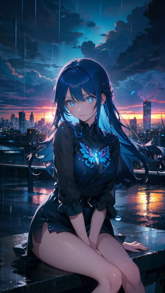 1 anime girl, alone,blue hair,Blue shining jewel eyes,Black petals flutter, A mysteriously shining butterfly.rain,storm,city,city,Vivid blue hair,bright blue jewel eyes,thin legs,cloudy sky,rain,sad expression,sunset,rain,very clear,highest quality,sitting,Straight Hair