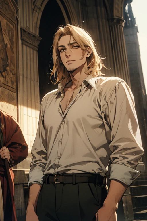 (Qualidade excelente), (high resolution), (absurd play) ((homem)), (Macho), Dez e meia, cabelo branco, cabelo desgrenhado, ((paladino)), ((camisa, pants)), character looking at the camera, rosto detalhado, ((medieval)), ((Bang)), (((roupas simples))), retrato, olhos pequenos, guerreiro viajado