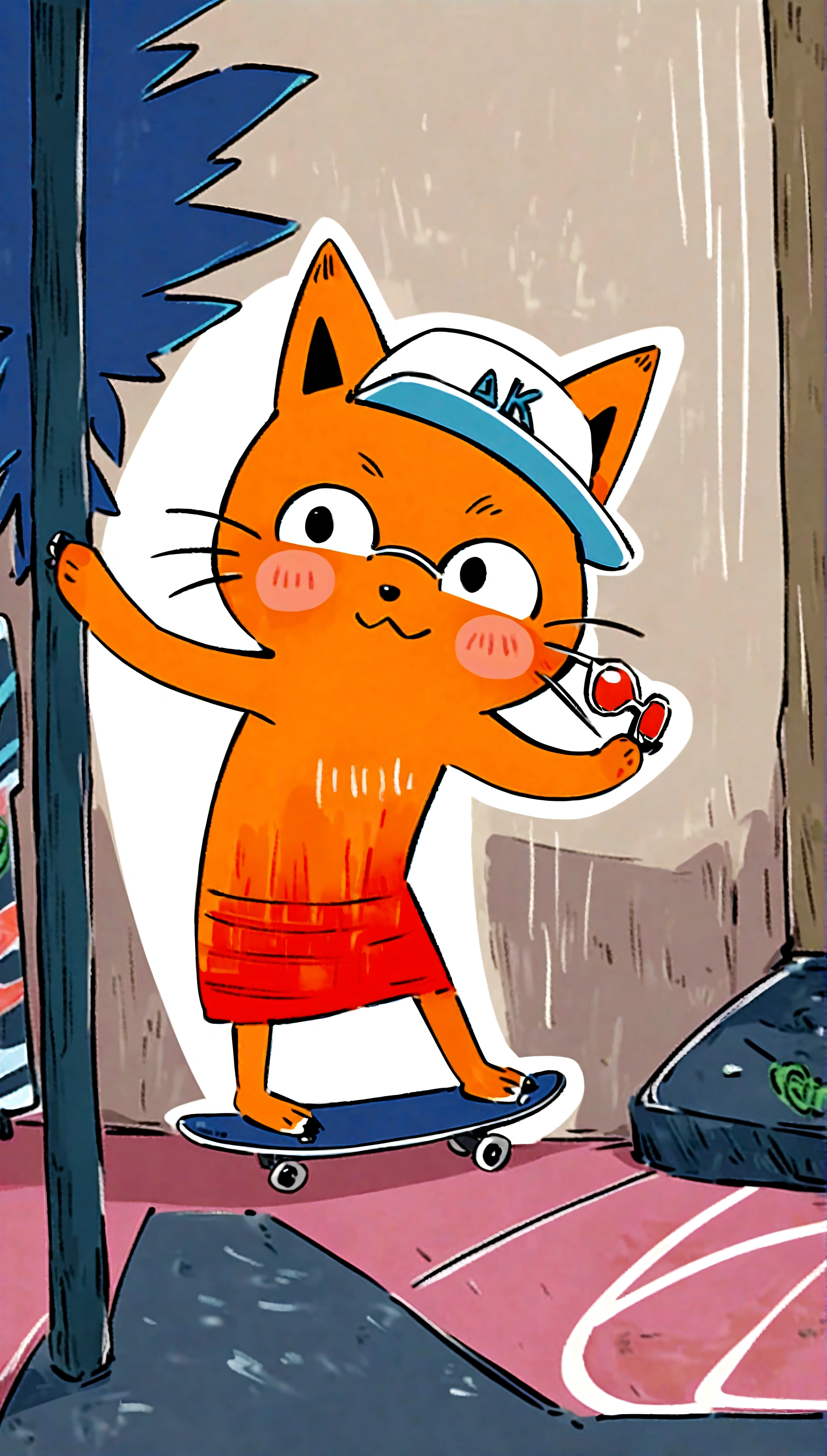 riding a skateboard, wearing sunglasses and a cap, in a vibrant urban setting with graffiti art and neon signs