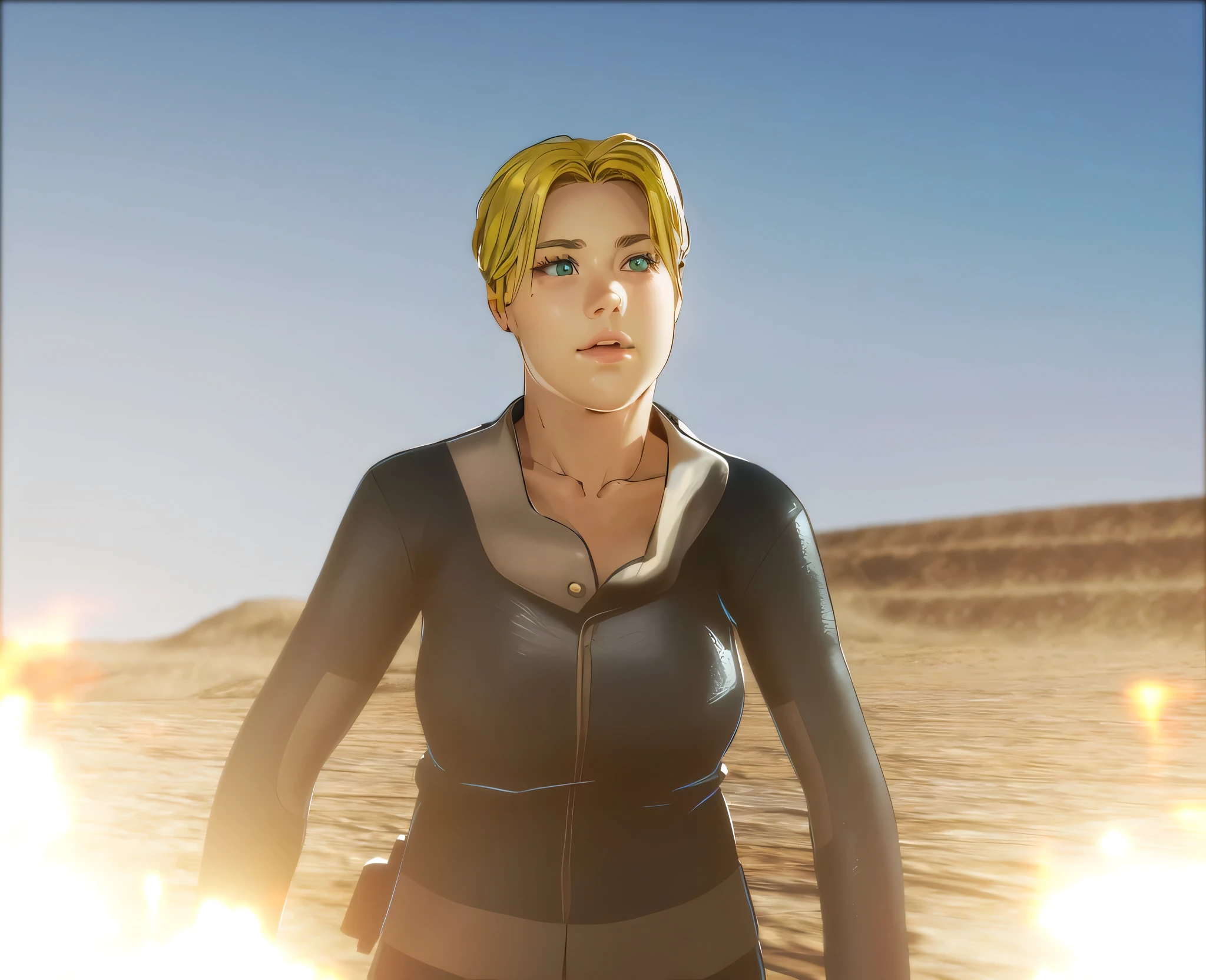 highly detailed and ultra-realistic portrait of a chubby young woman standing in a rugged, desert-like landscape. She has short, golden blonde hair. Her eyes are a vibrant green, expressive and piercing, with finely detailed eyelashes and eyebrows. She has a fair chubby complexion with subtle, natural skin texture and a slight blush on her cheeks. She is wearing a form-fitting, futuristic dark blue jumpsuit with a high collar and a front zipper, made of a textured, high-tech fabric that reflects the light subtly. 