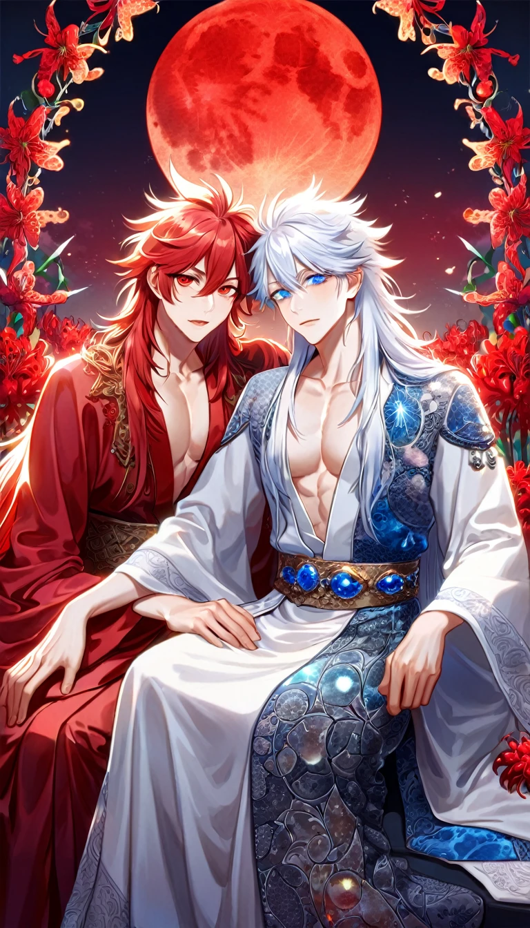 absurdres, highres, ultra detailed, HDR, master piece, best quality, extremely detailed face, delicated features, Xue Yu, untamed spiky hair, black long hair, hair between the eyes, expressive red eyes, Thousand Years War, Gojou Satoru, white long hair, expressive blue eyes, two sexy men sitting together, gay couple, yaoi, handsome, toned chest, black cape, red robes, white robes, accessories, patterns, red sky, red butterflies, red spider lilies, fantasy, magical, radiant moon