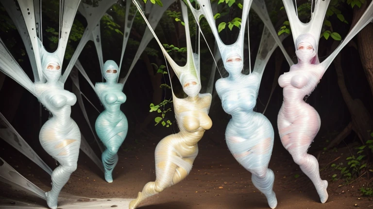 5 girls, trapped in glistening silk cocoons, suspended by spider webs mid air, dessert