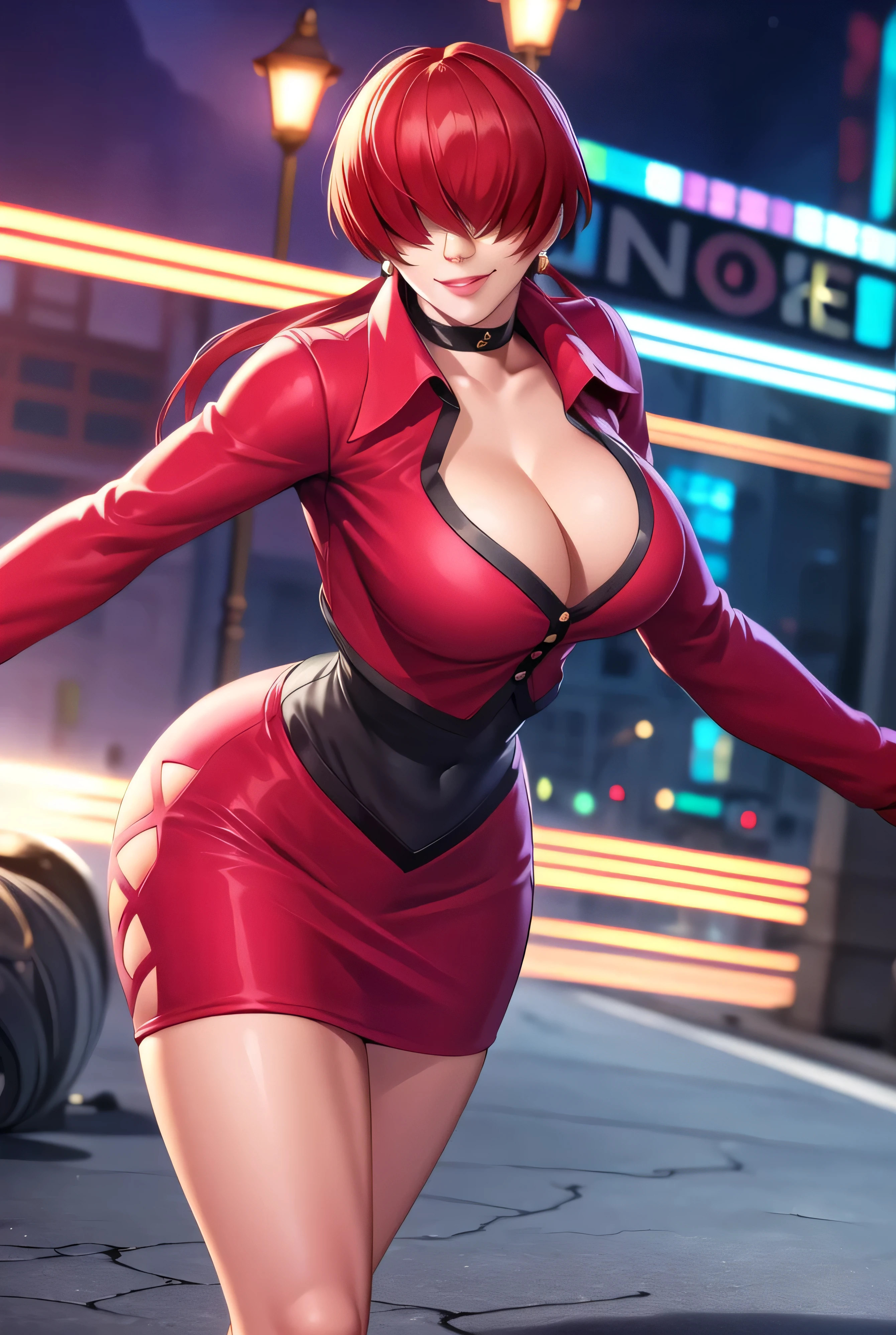 (night),in a video game scene with a neon background and a neon light,
Standing at attention,
Red outfit,Red jacket,choker, cleavage cutout, clothing cutout,
earrings,
Red hair,bangs,((hair over eyes)),
1 girl, 20yo,Young female,Beautiful Finger,Beautiful long legs,Beautiful body,Beautiful Nose,Beautiful character design, evil face,
looking at viewer,(Focus on her face),closed mouth,evil_Smile,two hands five finger,
official art,extremely detailed CG unity 8k wallpaper, perfect lighting,Colorful, Bright_Front_face_Lighting,shiny skin,
(masterpiece:1.0),(best_quality:1.0), ultra high res,4K,ultra-detailed,
photography, 8K, HDR, highres, absurdres:1.2, Kodak portra 400, film grain, blurry background, bokeh:1.2, lens flare, (vibrant_color:1.2),professional photograph,
(Beautiful,large_Breasts:1.4), (beautiful_face:1.5),(narrow_waist),conceit,smile worst,laugh worst,