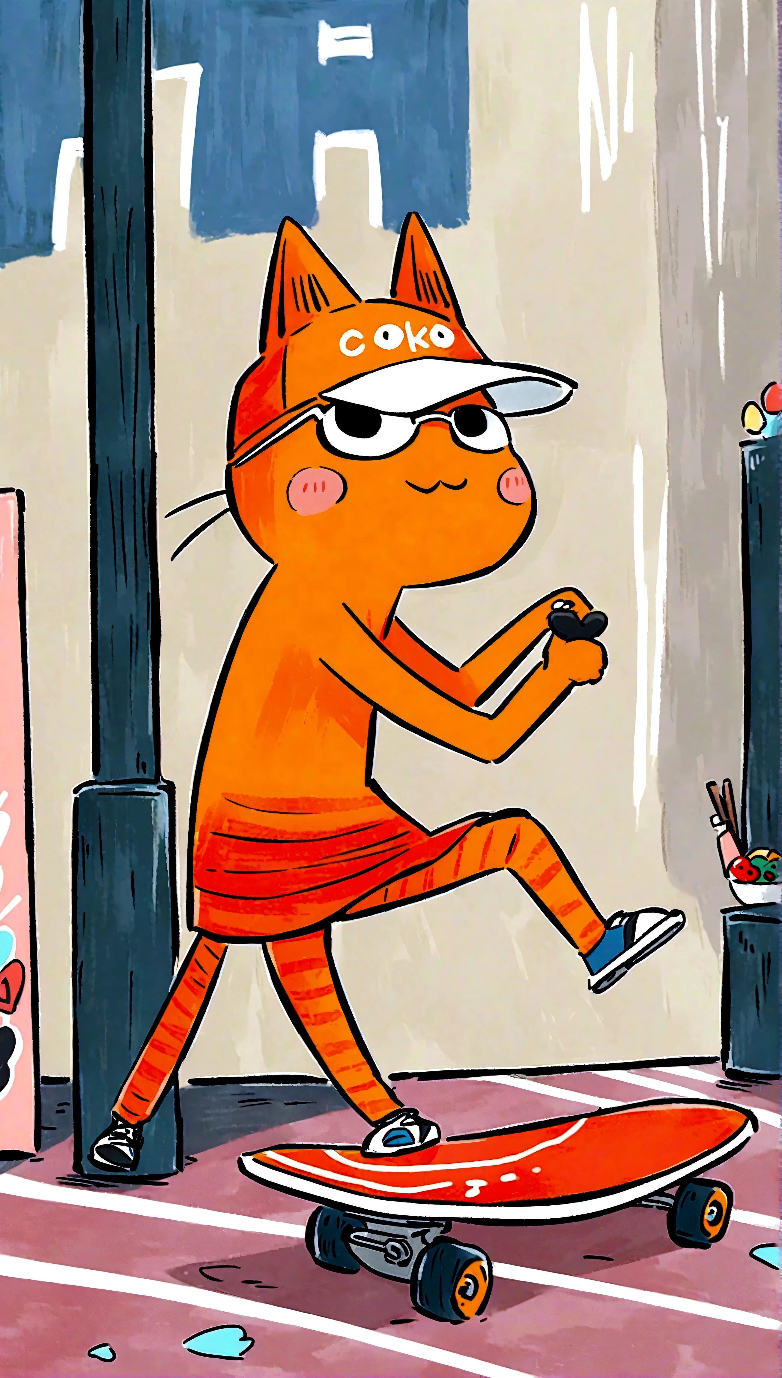 riding a skateboard, wearing sunglasses and a cap, in a vibrant urban setting with graffiti art and neon signs