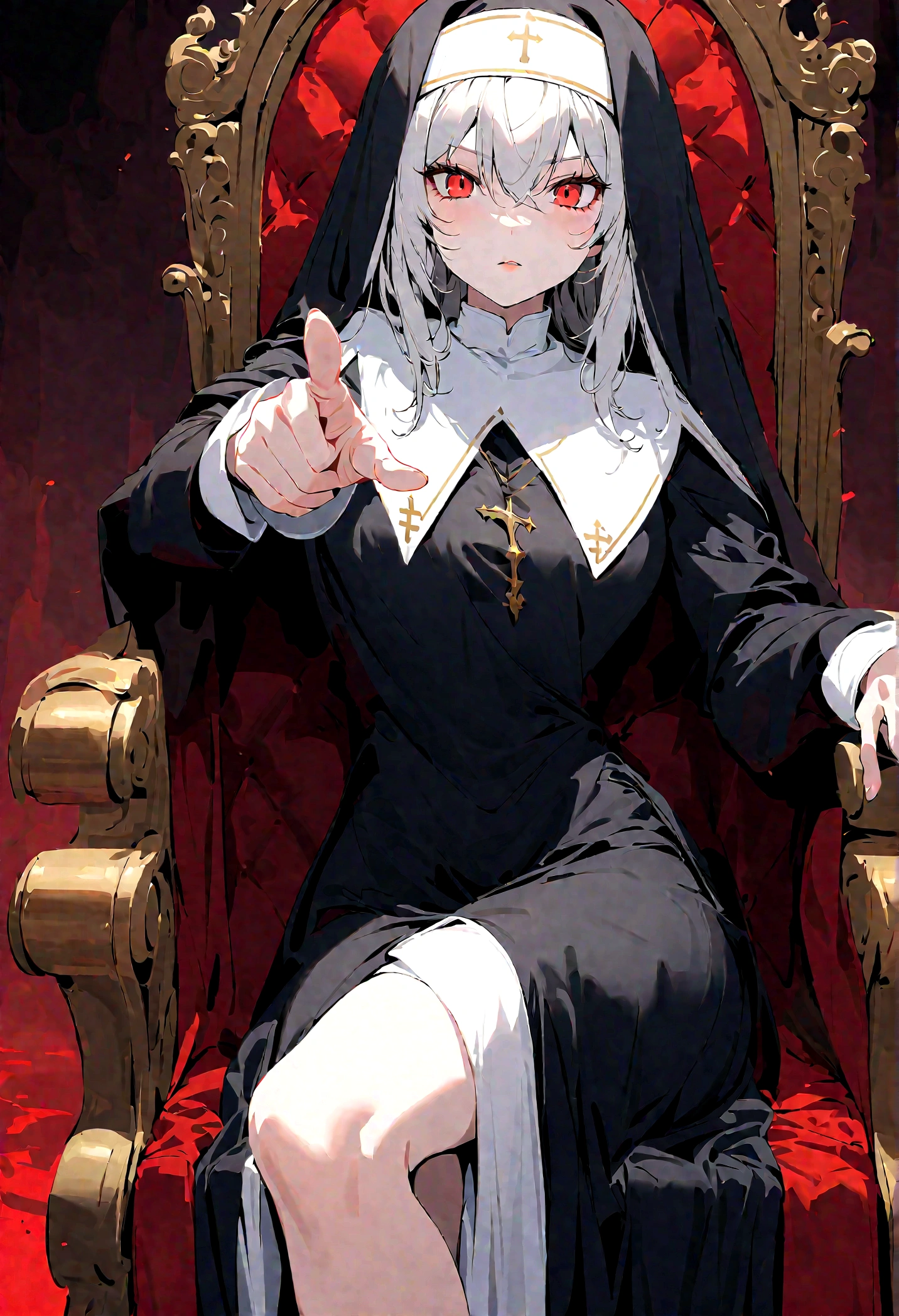 beatiful nun, scary scene,red blood background,pointing to viewer, 1female,solo,sitting on throne
