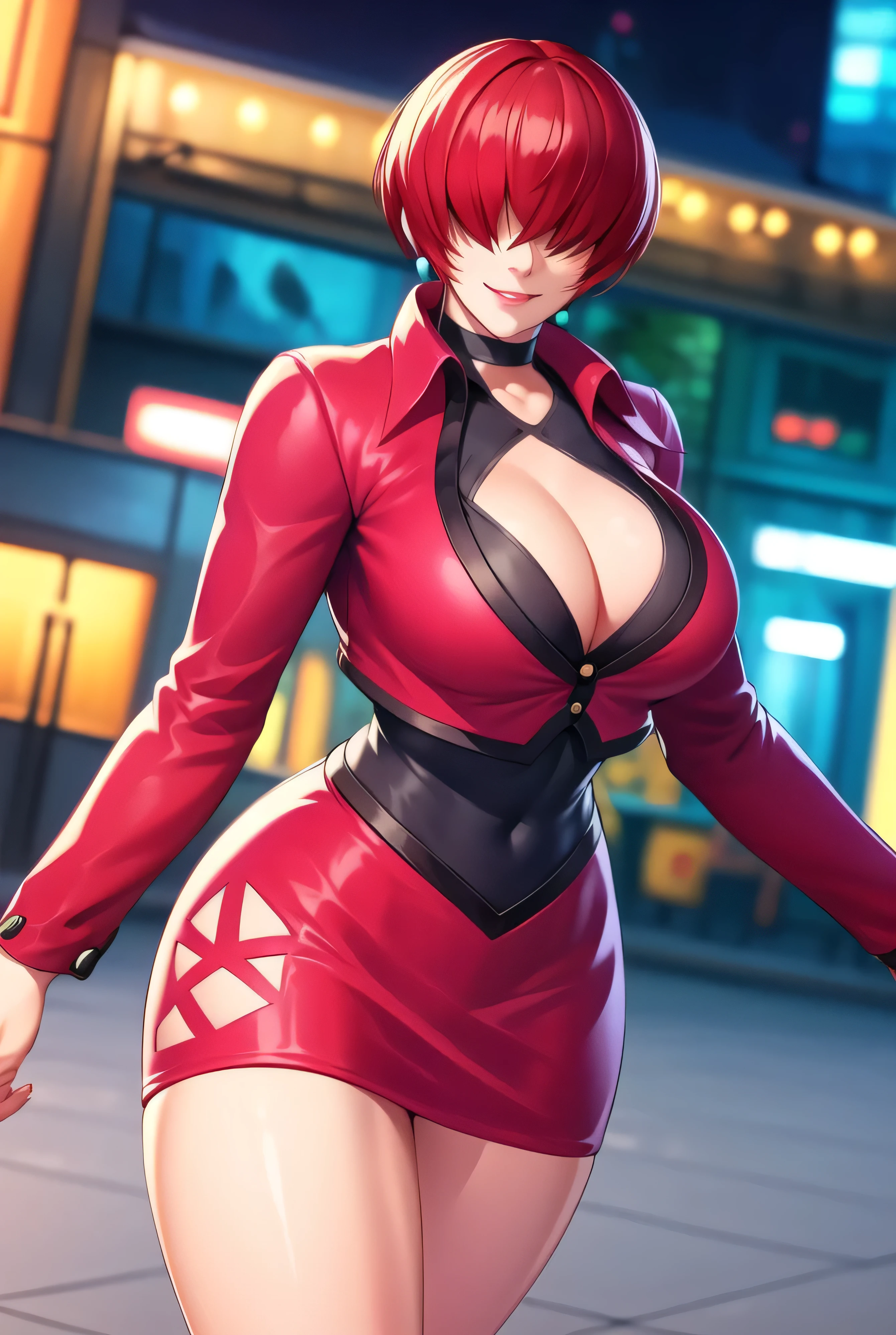 (night),in a video game scene with a neon background and a neon light,
Standing at attention,
Red outfit,Red jacket,choker, cleavage cutout, clothing cutout, 
earrings,
Red hair,bangs,((hair over eyes)),
1 girl, 20yo,Young female,Beautiful Finger,Beautiful long legs,Beautiful body,Beautiful Nose,Beautiful character design, evil face,
looking at viewer,(Focus on her face),closed mouth,evil_Smile,two hands five finger,
official art,extremely detailed CG unity 8k wallpaper, perfect lighting,Colorful, Bright_Front_face_Lighting,shiny skin,
(masterpiece:1.0),(best_quality:1.0), ultra high res,4K,ultra-detailed,
photography, 8K, HDR, highres, absurdres:1.2, Kodak portra 400, film grain, blurry background, bokeh:1.2, lens flare, (vibrant_color:1.2),professional photograph,
(Beautiful,large_Breasts:1.4), ),(narrow_waist),conceit,smile worst,laugh worst,