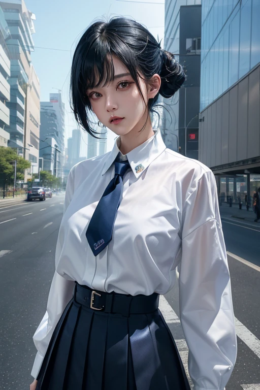 Cyberpunk art、32k，Complex，Very detailed，Digital photography，Black Hair Semi-Long、Wear a cyberpunk white collared button-up shirt、Wear a cyberpunk navy blue short box pleated skirt、Japanese 、Ride a big bike、Drive on the highway